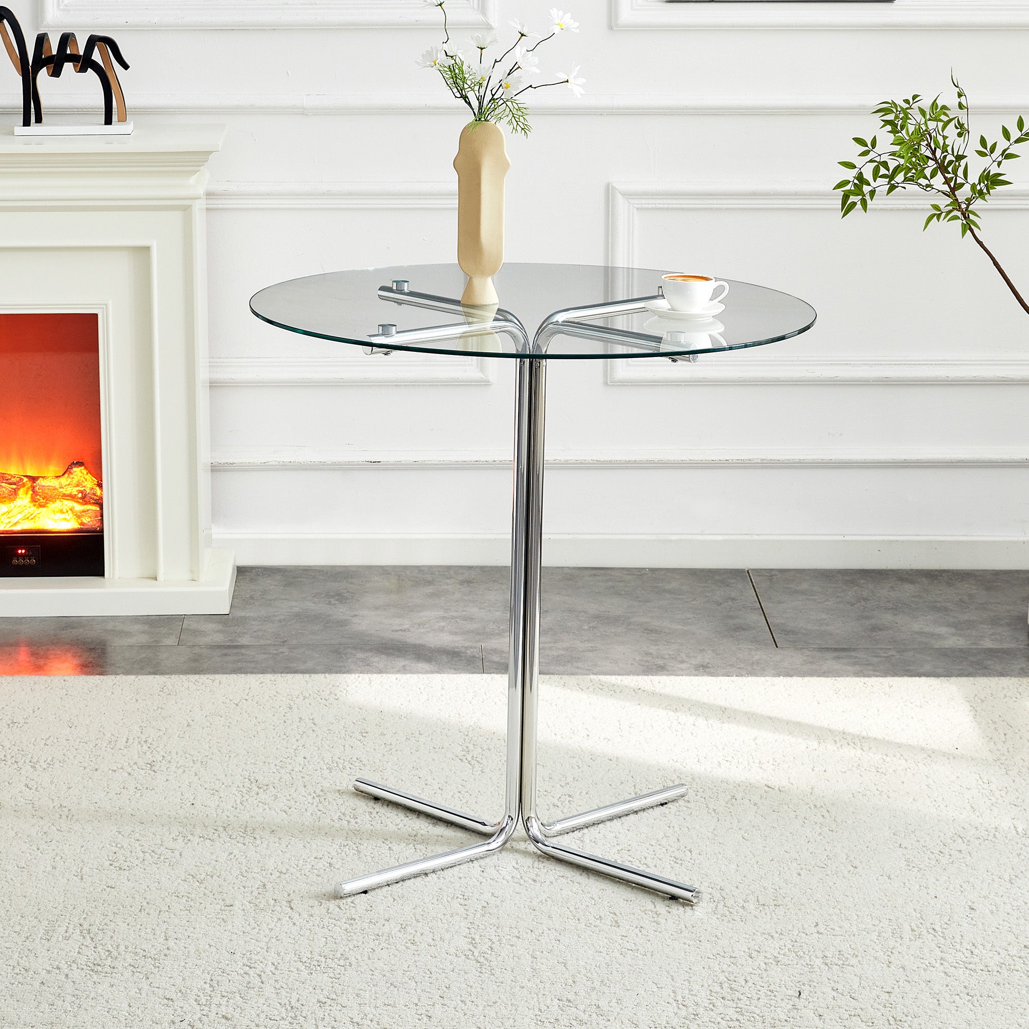 Round glass bar high table, 36 inch round bar table, tempered glass tabletop, sturdy silver chrome plated four column support, suitable for transparent round bar tables in small spaces, kitchens - Grand Goldman Shop