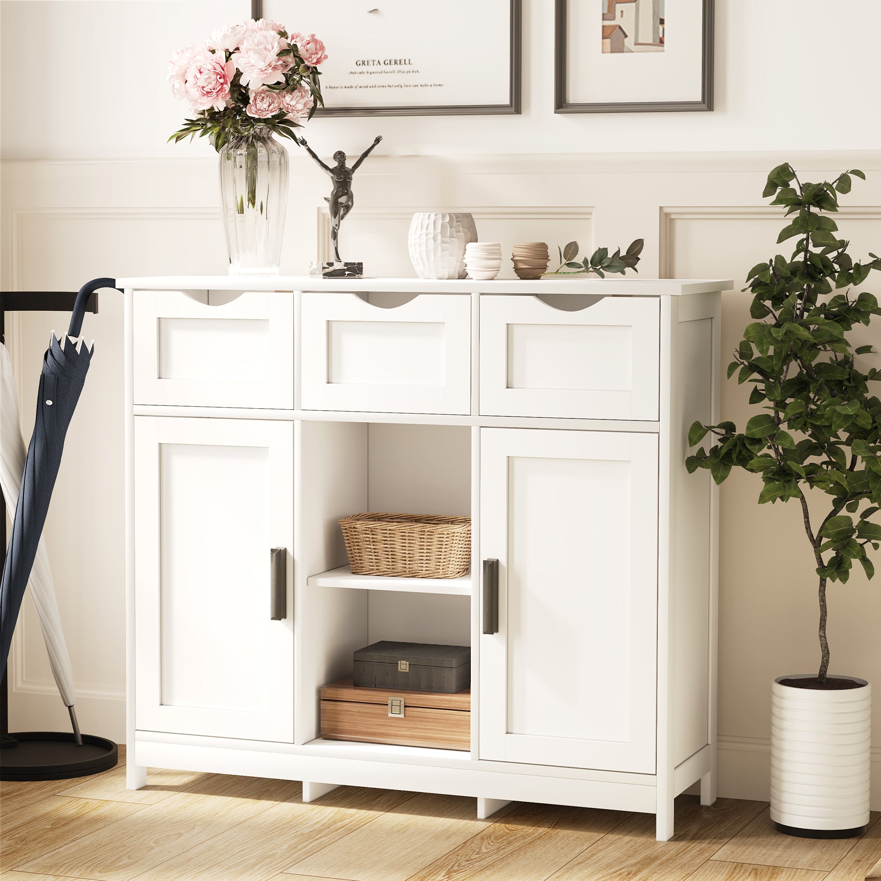 White Wooden Floor Storage Cabinets with Drawers and Shelves, Accent Cabinet for Home Decor - Grand Goldman Shop