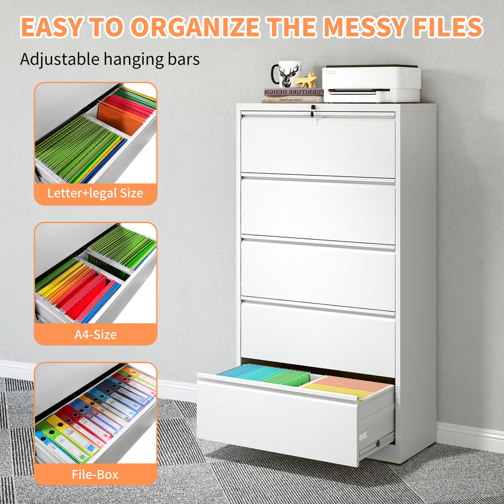 5 Drawer Metal Lateral File Cabinet , White Filing Cabinet with Lock, Lockable File Cabinet for Home Office, Locking Metal Fi