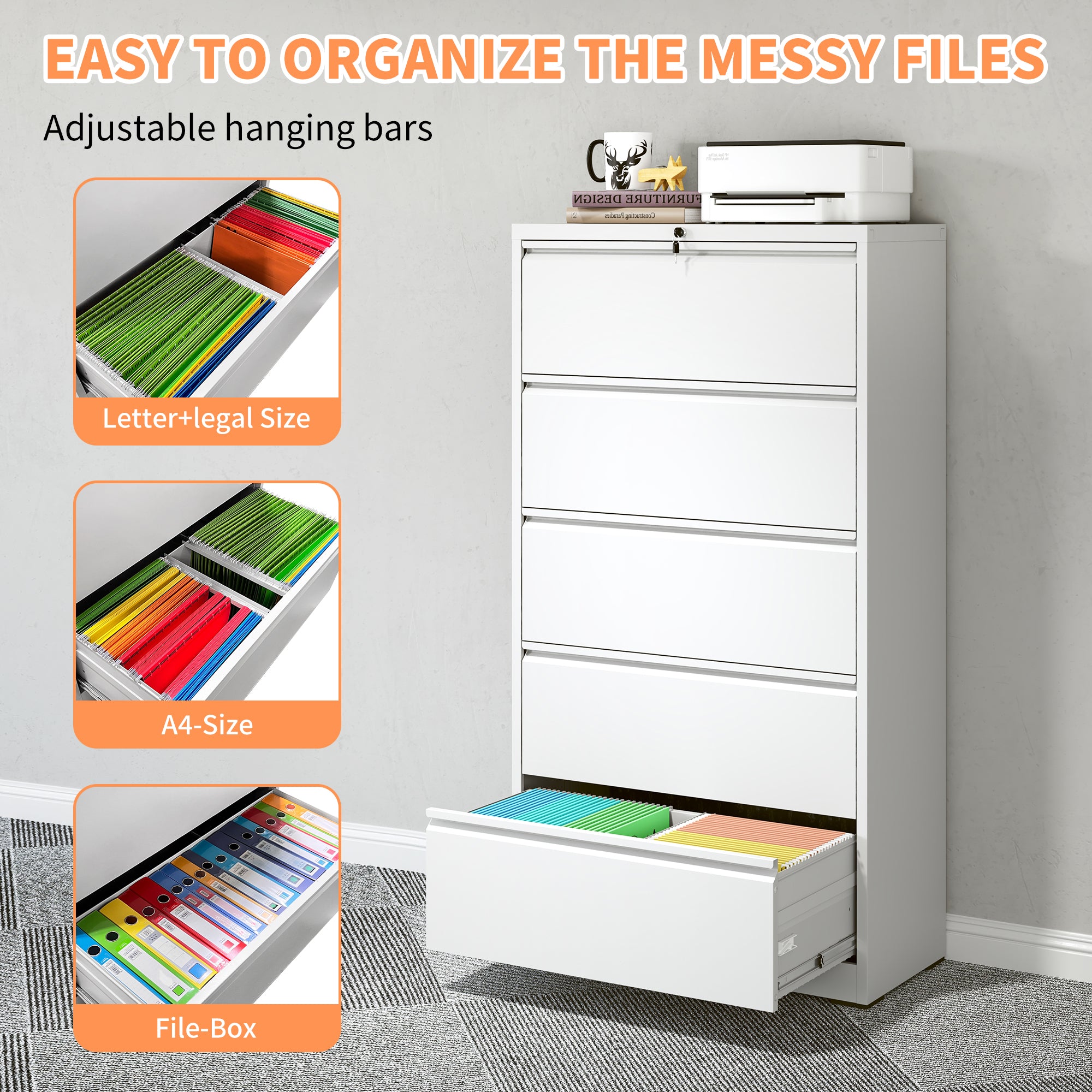 5 Drawer Metal Lateral File Cabinet , White Filing Cabinet with Lock, Lockable File Cabinet for Home Office, Locking Metal Fi