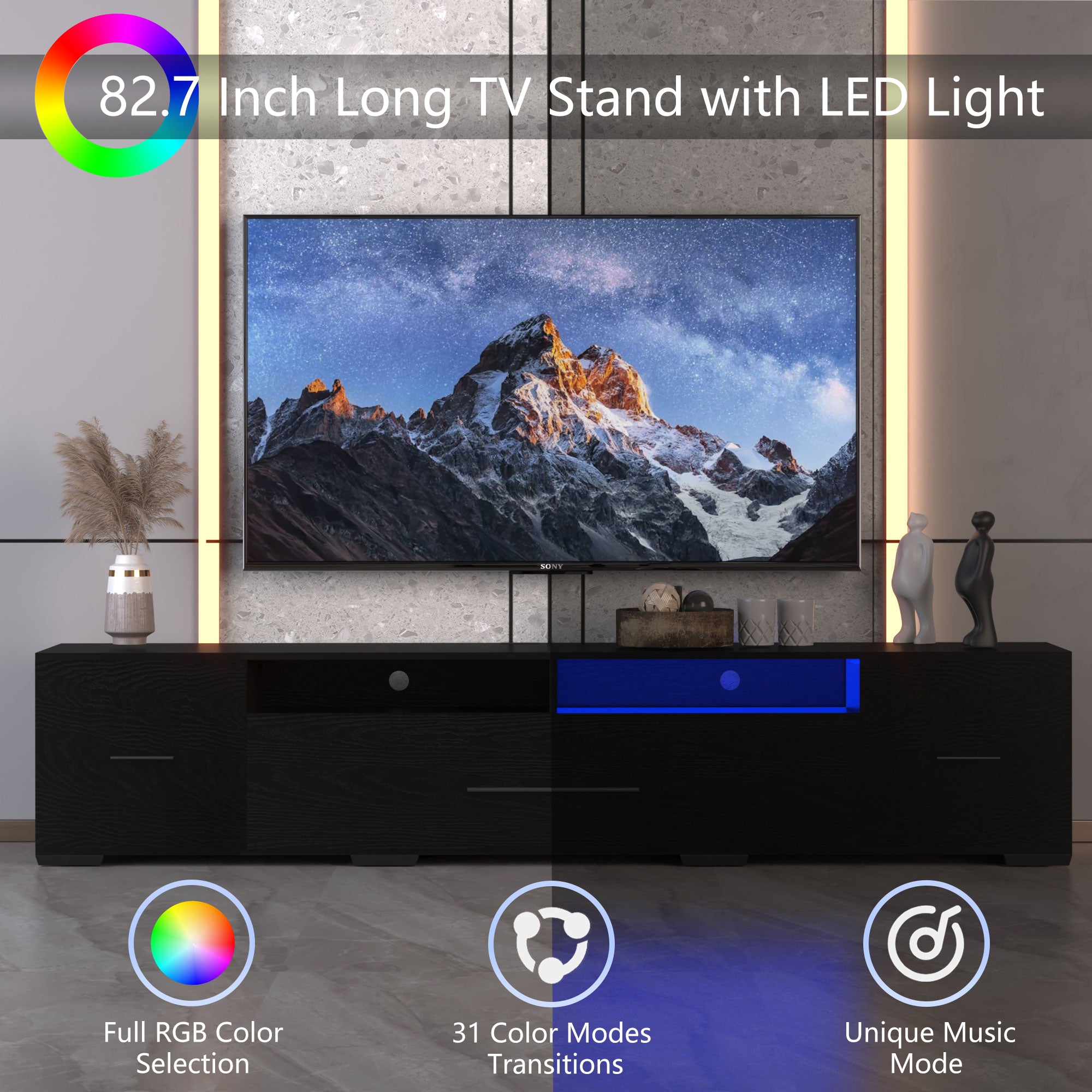 [Video] TV Console with Storage Cabinets, Remote, APP Control Long LED TV Stand, Full RGB Color Selection, 31 Modes Changing Lights Modern Entertainment Center with Power Cord (Black, for 80 inches) - Grand Goldman Shop