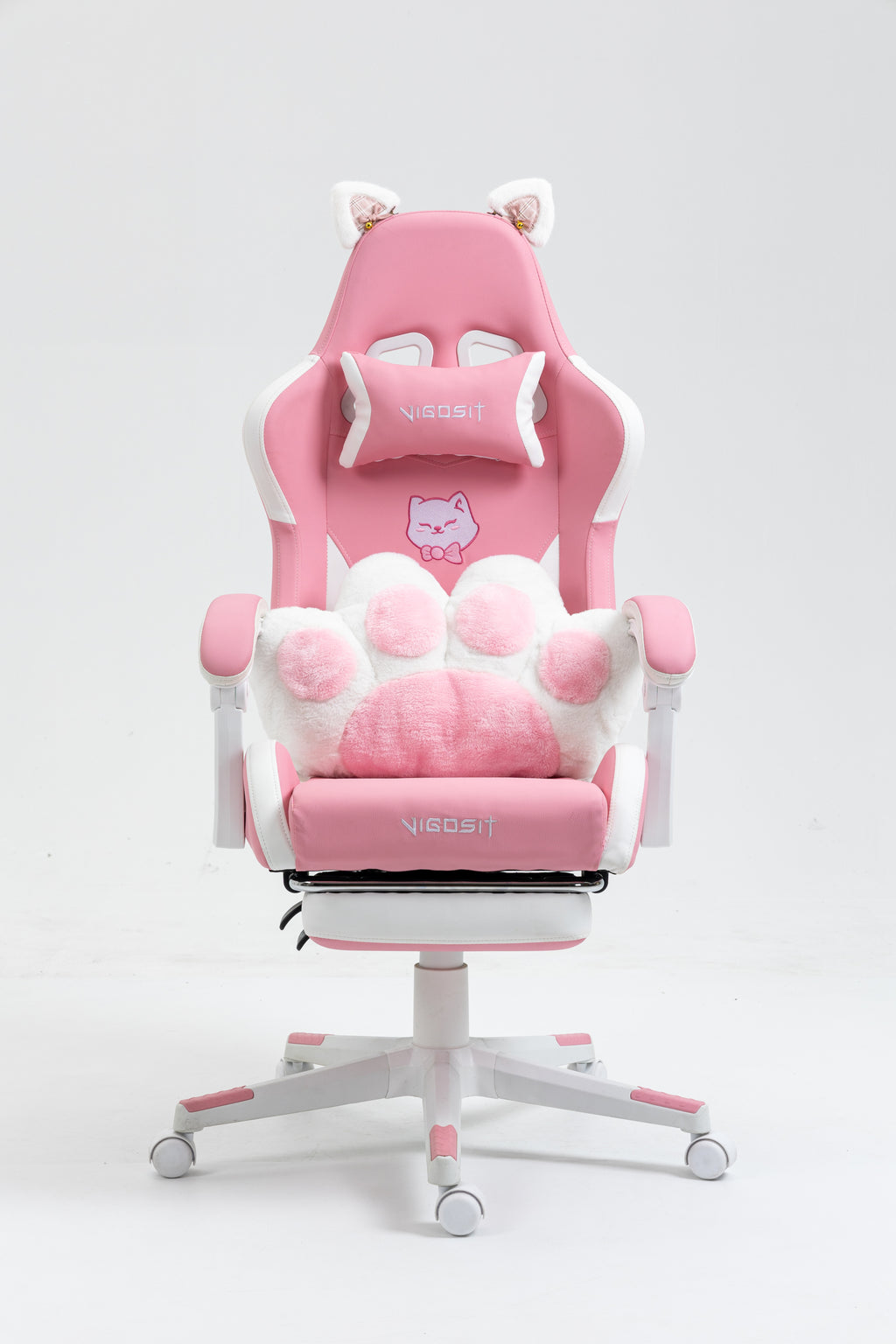 Cat Ears Pink Gaming Chair - Pink PU Leather Ergonomic Reclining Office Chair with Footrest, 310lb Capacity, 6-Position Recli