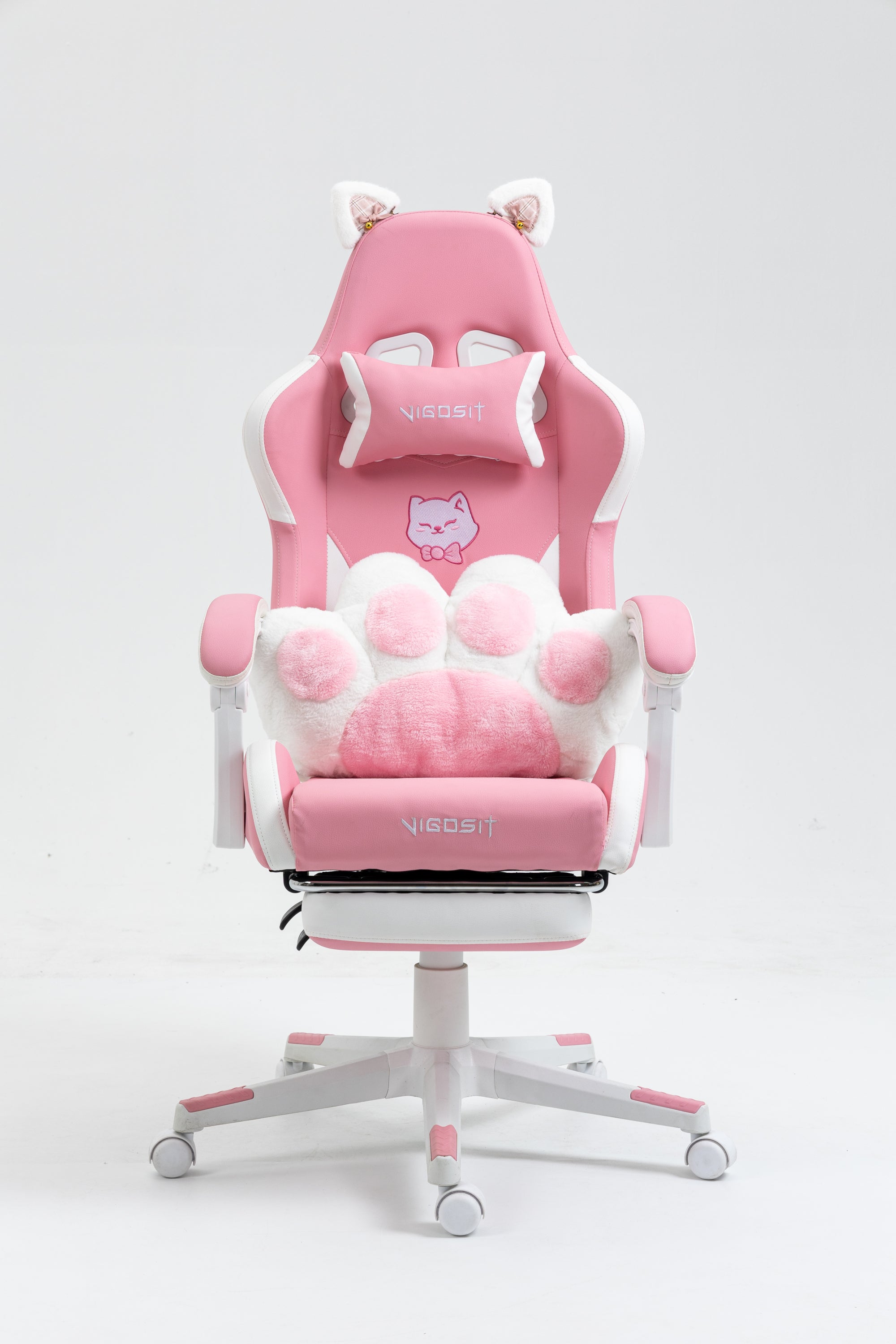 Cat Ears Pink Gaming Chair - Pink PU Leather Ergonomic Reclining Office Chair with Footrest, 310lb Capacity, 6-Position Recli
