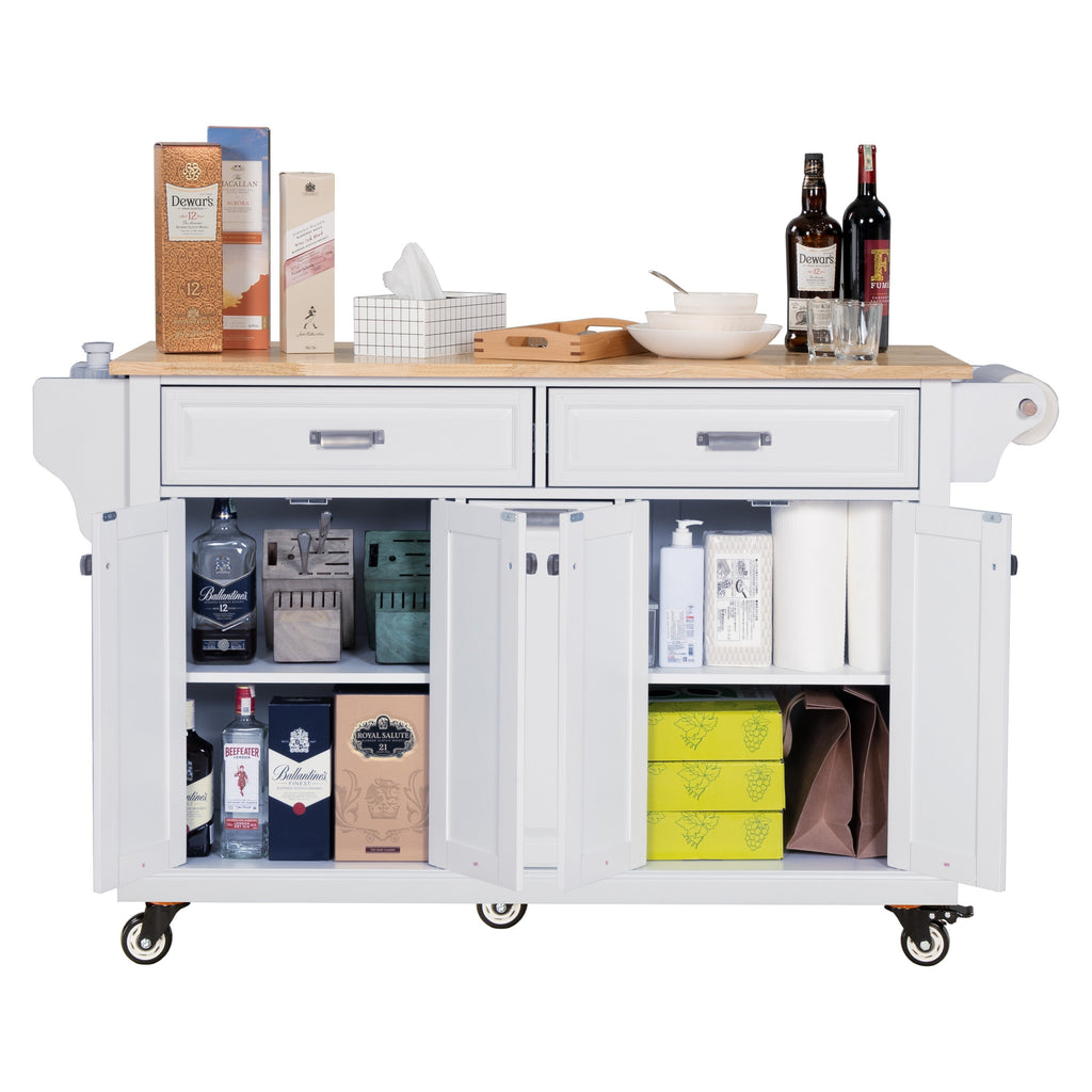 Kitchen Island with Rubber wood Countertop, Kitchen Cart on 5 Wheels with Storage Cabinet and 2 Top Drawers and A center double layered storage drawer for Dinning Room, White - Grand Goldman Shop