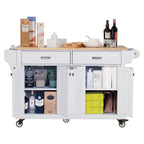 Kitchen Island with Rubber wood Countertop, Kitchen Cart on 5 Wheels with Storage Cabinet and 2 Top Drawers and A center double layered storage drawer for Dinning Room, White - Grand Goldman Shop