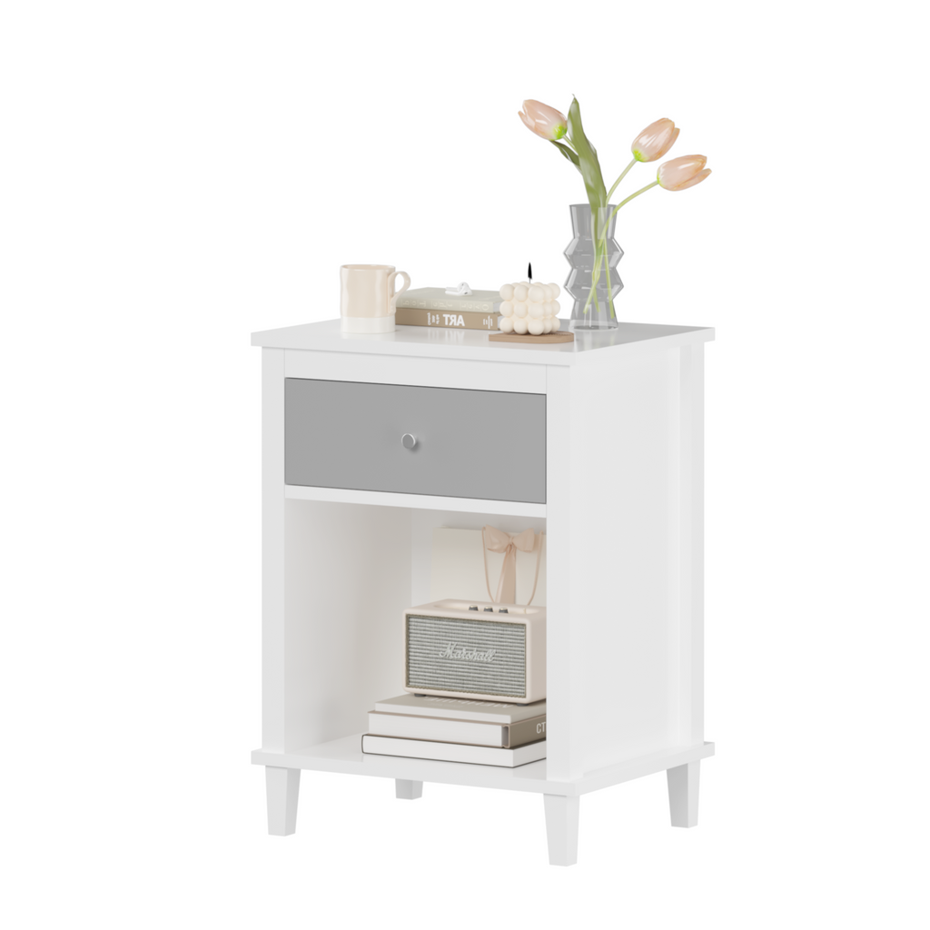 Gray+Silver Handle Wooden Nightstand 26.77''H with One Drawer One Shelf for Kids and Adults, White+Gray Finish MDF - Grand Goldman Shop