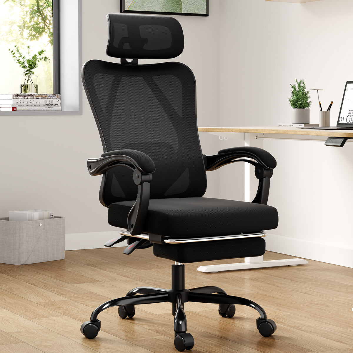 Ergonomic Office Chair with Footrest, Mesh Office Desk Chair with Headrest, High Back Computer Chair with Adjustable Lumbar S