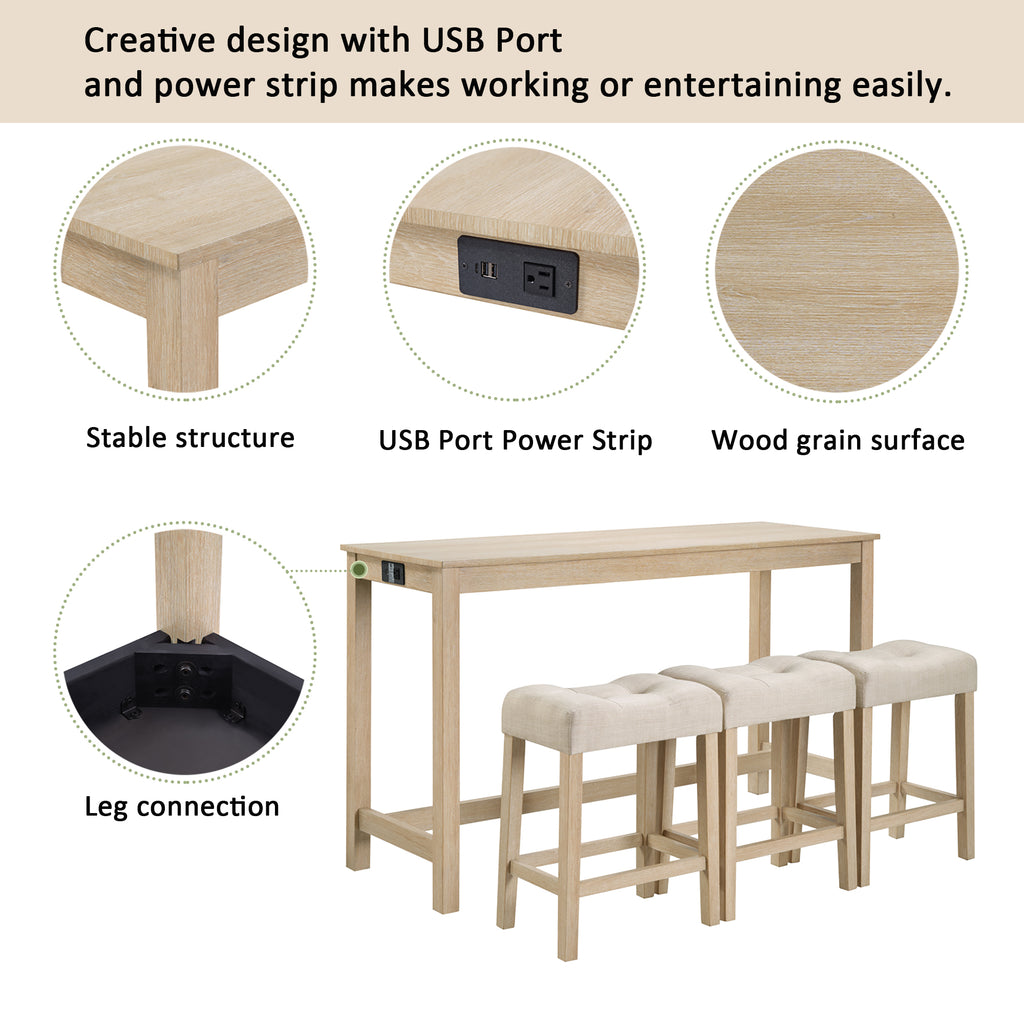 4 Piece Bar Table Set with Power Outlet, Bar Table Set with Chairs, Sofa Bar Table with Stools, Behind Couch Table with 3 Padded Stools for Living Room, Dining room, Light Oak - Grand Goldman Shop