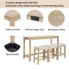 4 Piece Bar Table Set with Power Outlet, Bar Table Set with Chairs, Sofa Bar Table with Stools, Behind Couch Table with 3 Padded Stools for Living Room, Dining room, Light Oak - Grand Goldman Shop