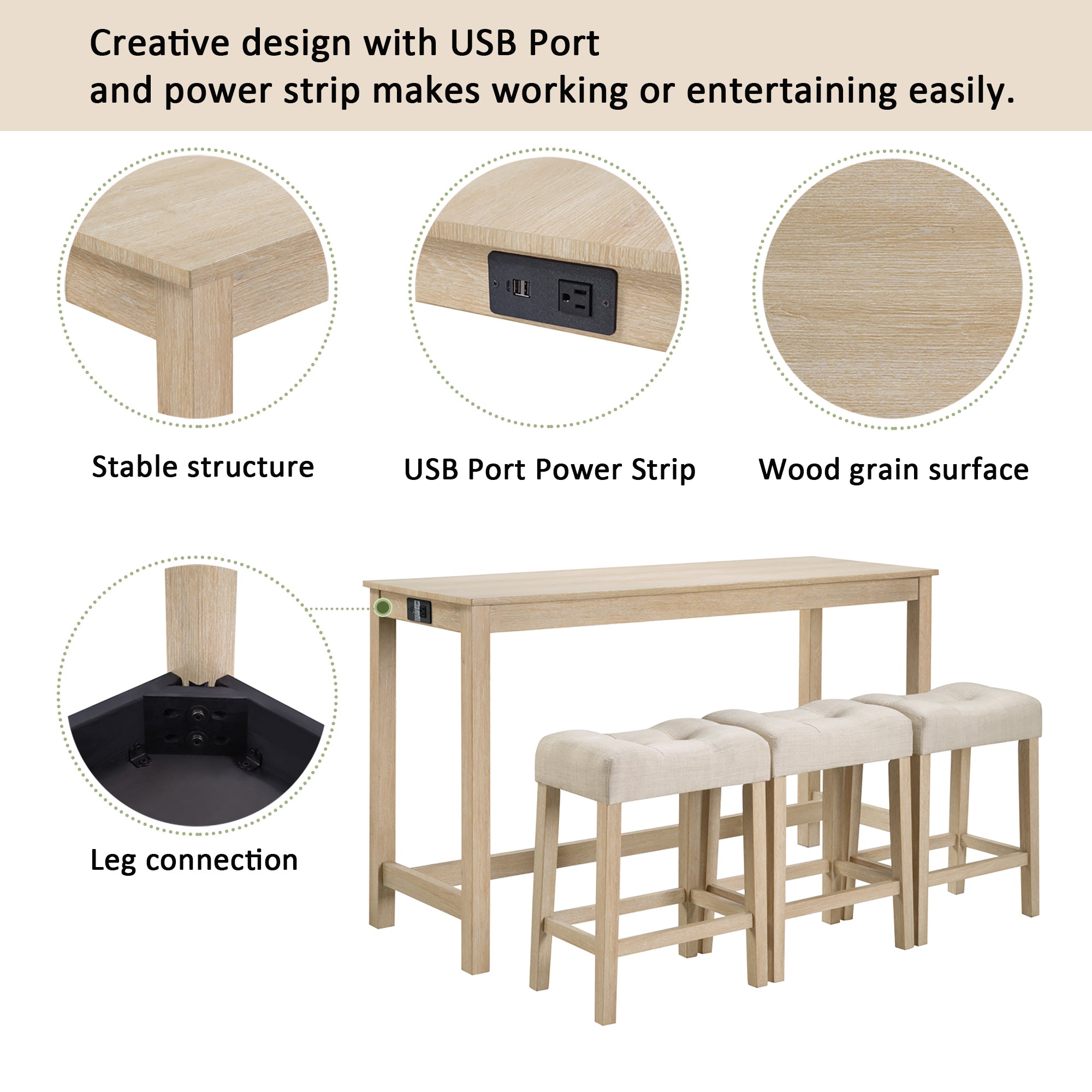 4 Piece Bar Table Set with Power Outlet, Bar Table Set with Chairs, Sofa Bar Table with Stools, Behind Couch Table with 3 Padded Stools for Living Room, Dining room, Light Oak - Grand Goldman Shop