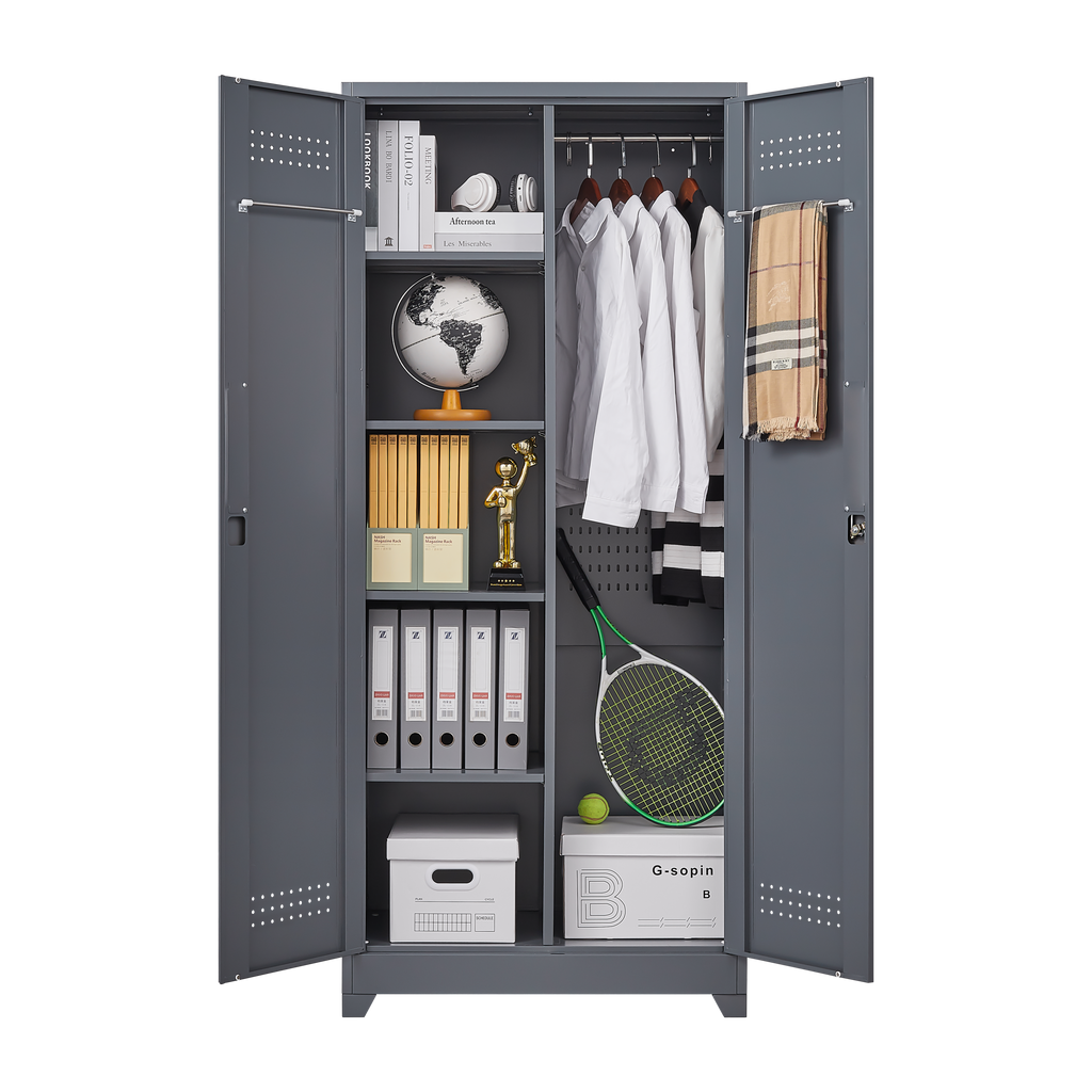 Gray And White Color Metal Lockers, Cleaning Tool Cabinets With Locking Doors, High Broom Tool Storage Cabinets, Adjustable S