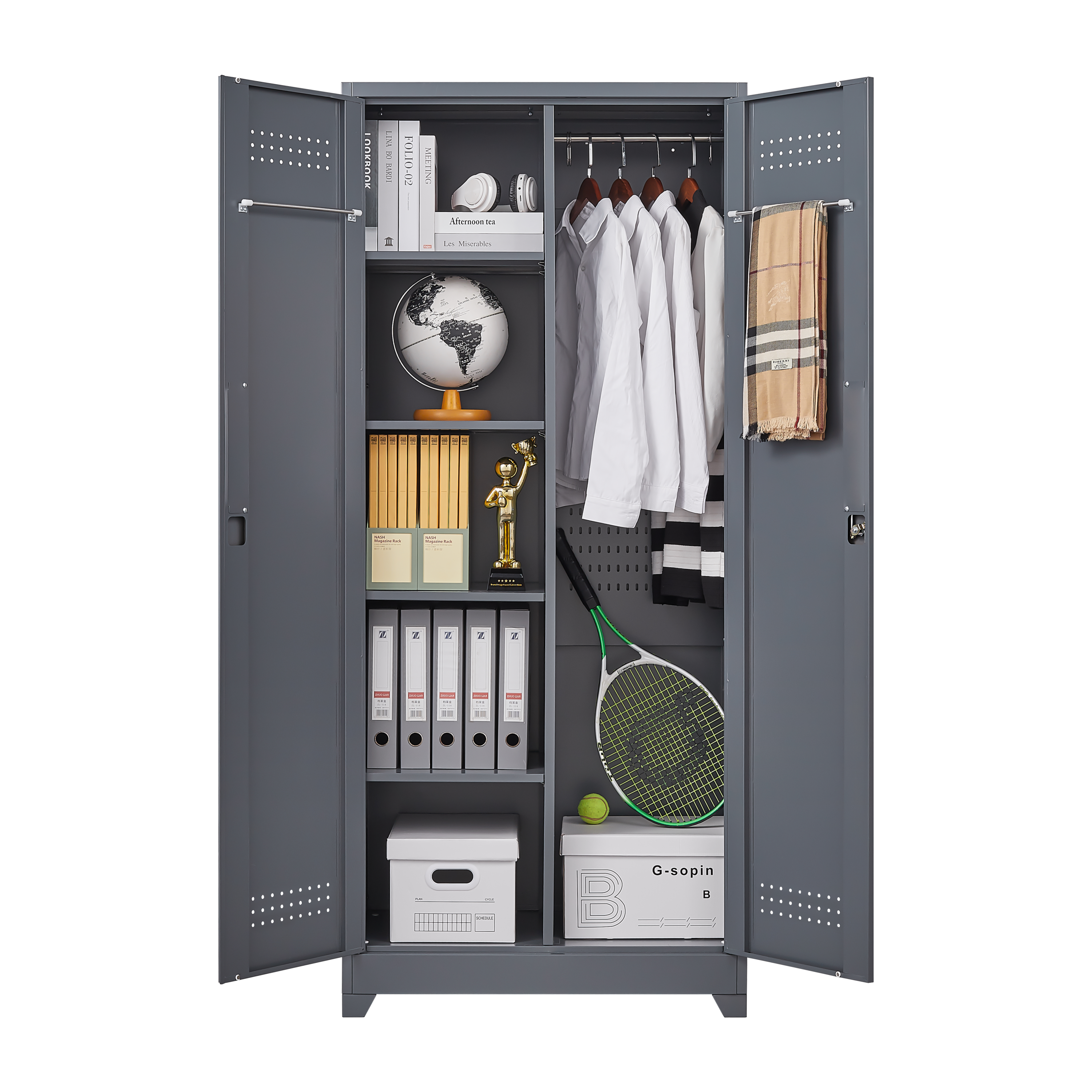 Gray And White Color Metal Lockers, Cleaning Tool Cabinets With Locking Doors, High Broom Tool Storage Cabinets, Adjustable S