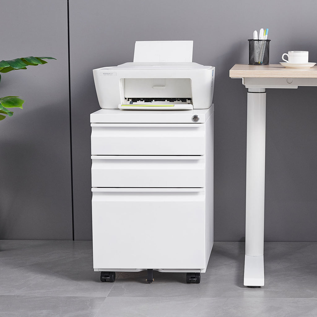 Modern 3-Drawer Mobile Filing Cabinet with Lock, White Metal Office Storage, Legal/Letter Size - Grand Goldman