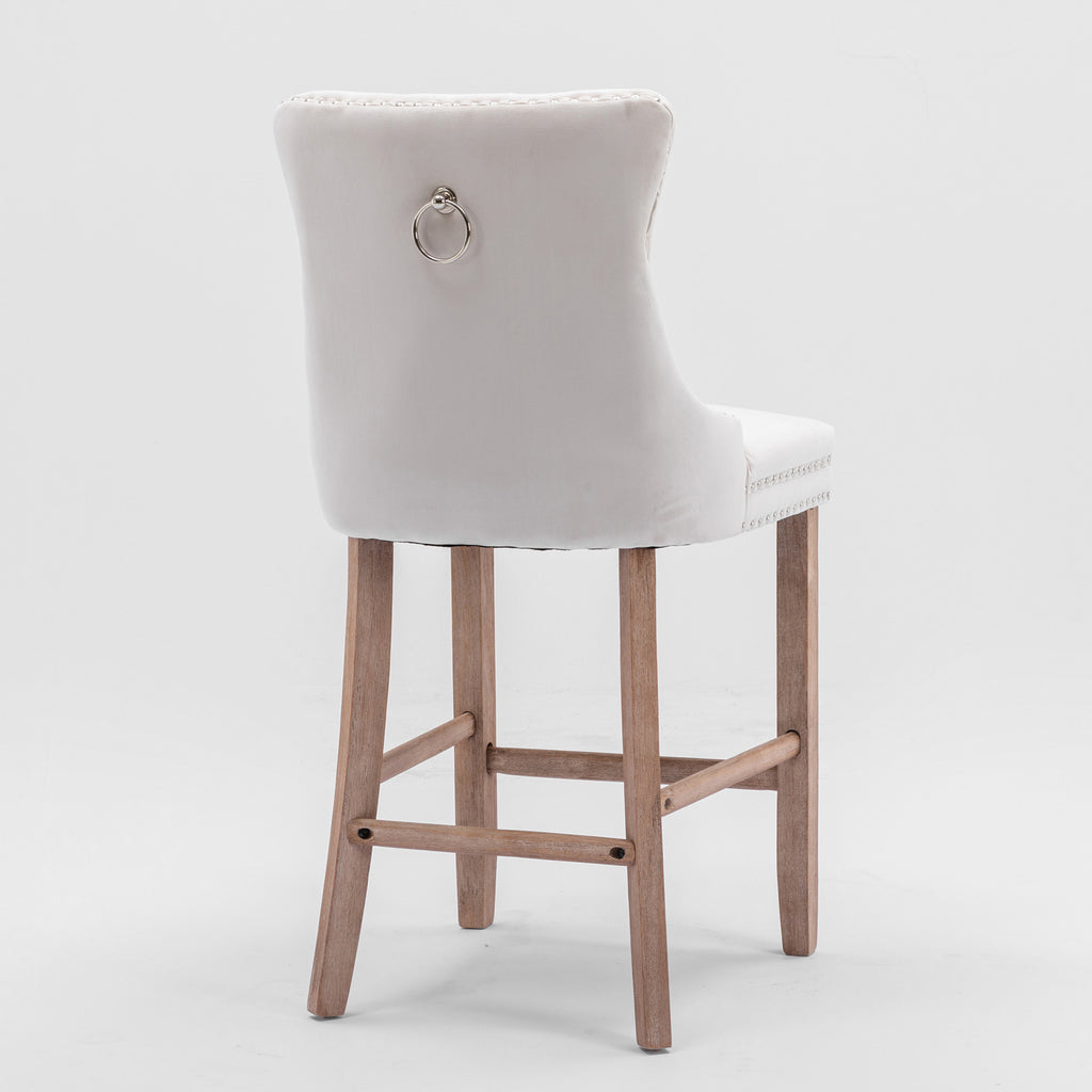 Contemporary Velvet Upholstered Barstools with Button Tufted Decoration and Wooden Legs, and Chrome Nailhead Trim, Leisure Style Bar Chairs,Bar stools, Set of 2 (Beige),SW2002BG - Grand Goldman Shop