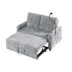 Modern Loveseat Pull-out Sofa Bed with Adjustable Backrest, Cup Holders, Phone Holder, Charging Ports, Side Storage Pockets, Grey Chenille - Grand Goldman Shop