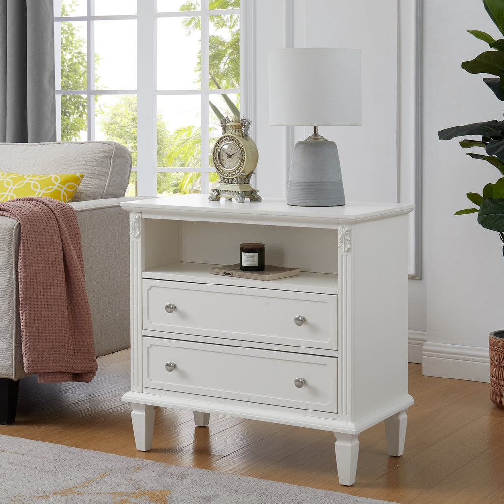 Open Space and 2 Drawers Dresser Nightstand with Charging Station, Farmhouse End Table with USB Ports and Outlets, Fluted Pilasters Design Side Table with Solid Wood Legs for Bedroom - Grand Goldman Shop