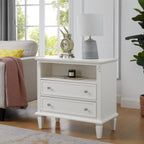 Open Space and 2 Drawers Dresser Nightstand with Charging Station, Farmhouse End Table with USB Ports and Outlets, Fluted Pilasters Design Side Table with Solid Wood Legs for Bedroom - Grand Goldman Shop