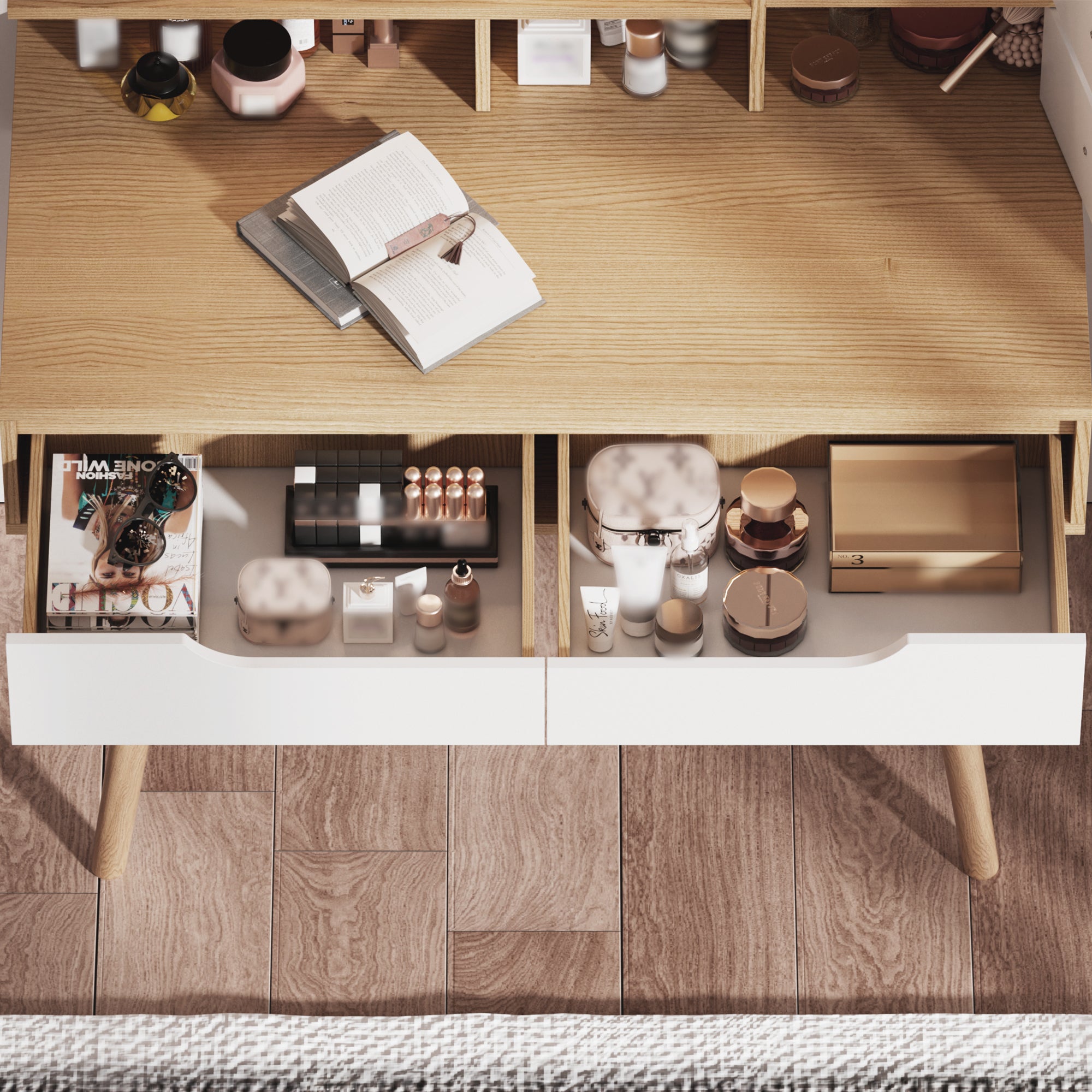 Elegant Makeup Vanity Desk with Adjustable Lighted Mirror, Solid Wood Table Feet, American White Oak, MDF, Compact Size - Grand Goldman Shop