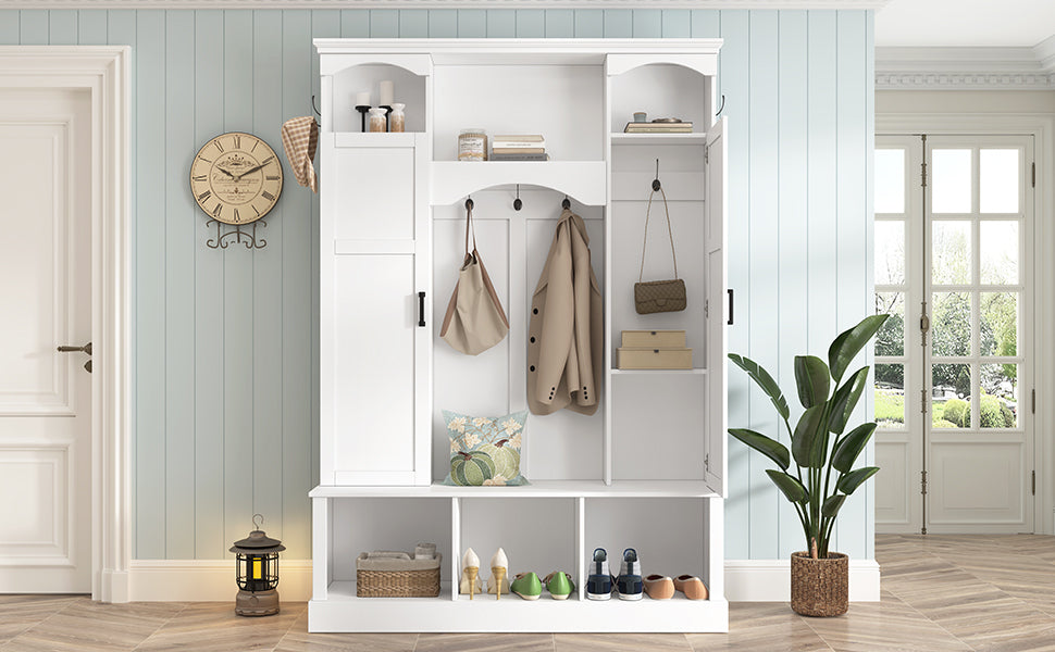 ON-TREND Modern All-in-One Hall Tree with Adjustable Shelves, Classic Arched Farmhouse Storage Bench with Dual Side Cabinets, Elegant Entryway Organizer with 7 Hooks for Mudroom, Hallway, White - Grand Goldman Shop