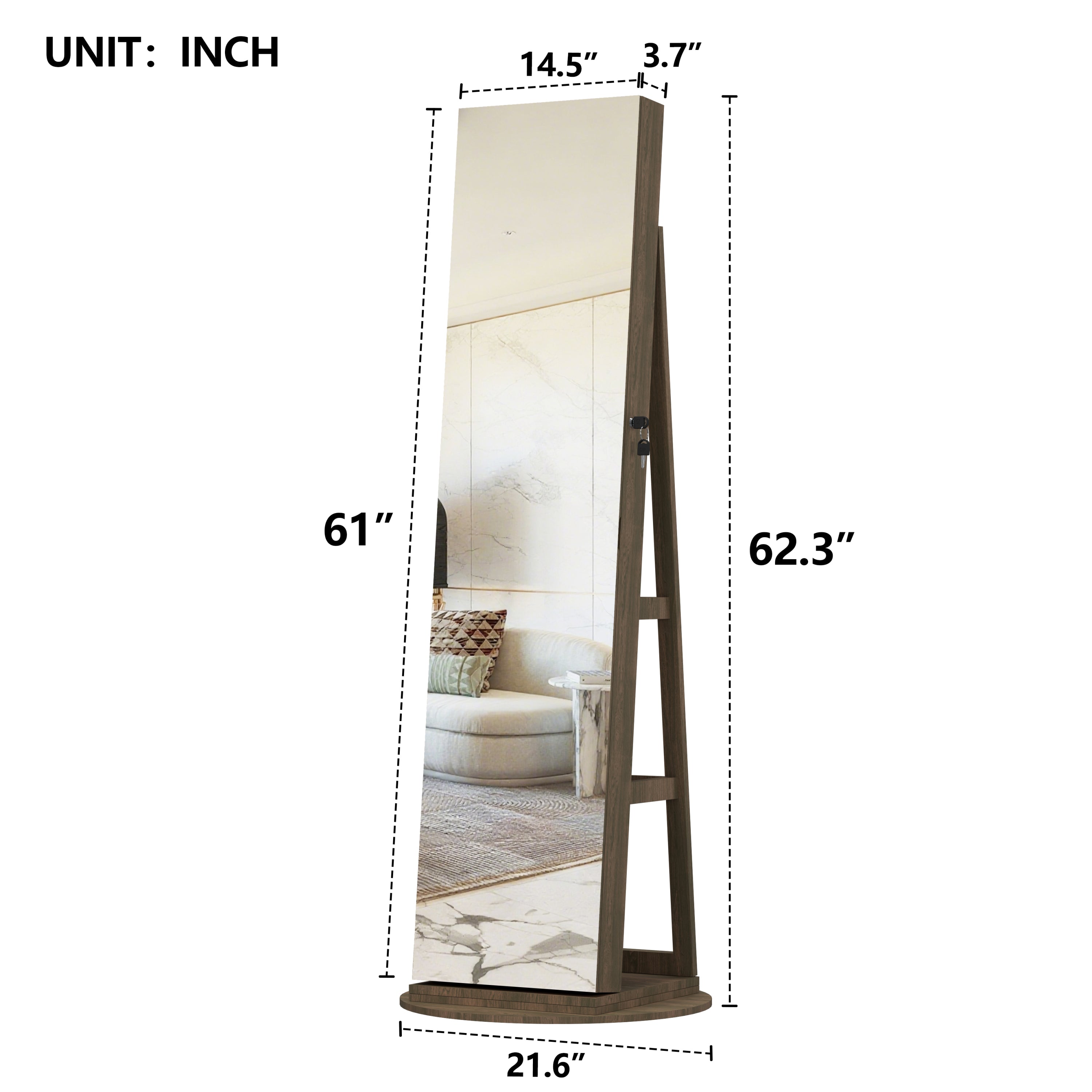 360°Swivel Jewelry Cabinet with Full Length Mirror, 360°Rotating Standing Jewelry Armoire Organizer , Lockable Storage Cabinet, Interior Lighted Mirror, Brown - Grand Goldman Shop