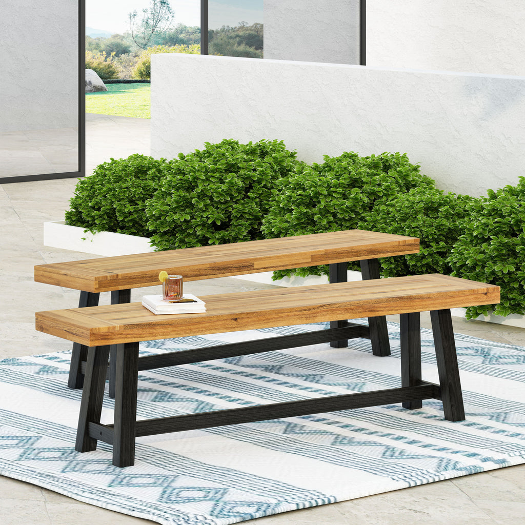 Cloud Outdoor Bench with Acacia Wood Frame and Slat Panel Design, Set of 2,Sandblast Teak Finish and Black - Grand Goldman Shop
