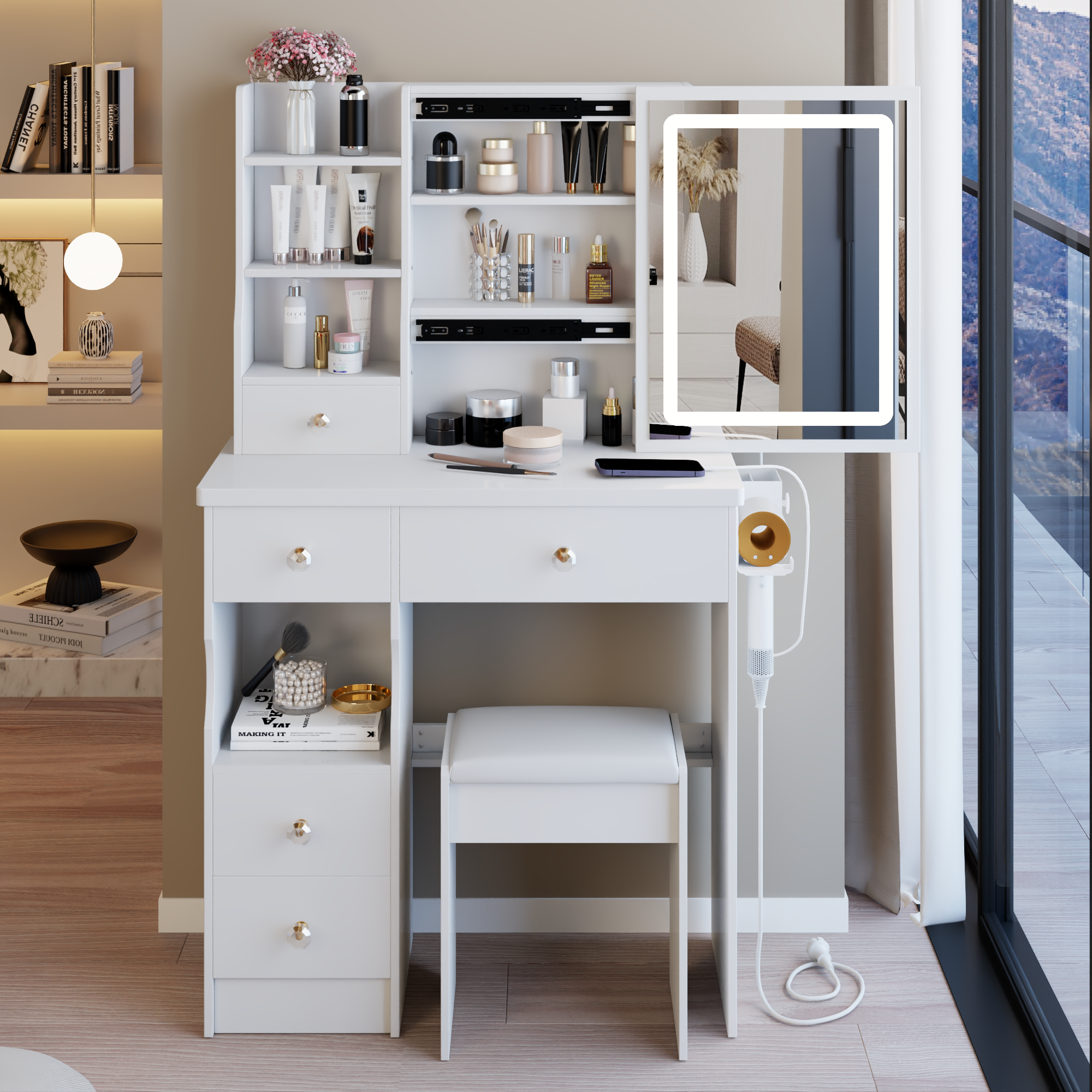 29.2' Small Size Left Drawer Desktop Vanity Table + Cushioned Stool, 2 AC+2 USB Power Station, Hair dryer bracket, Extra Large Touch Control Sliding LED Mirror, Tri-color Switching, Brightness Adjust - Grand Goldman Shop