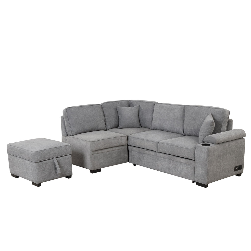 Modern Sleeper Sofa Bed with Storage Ottoman, Gray Linen, 84.75' L Shape Couch for Living Room or Apartment - Grand Goldman Shop