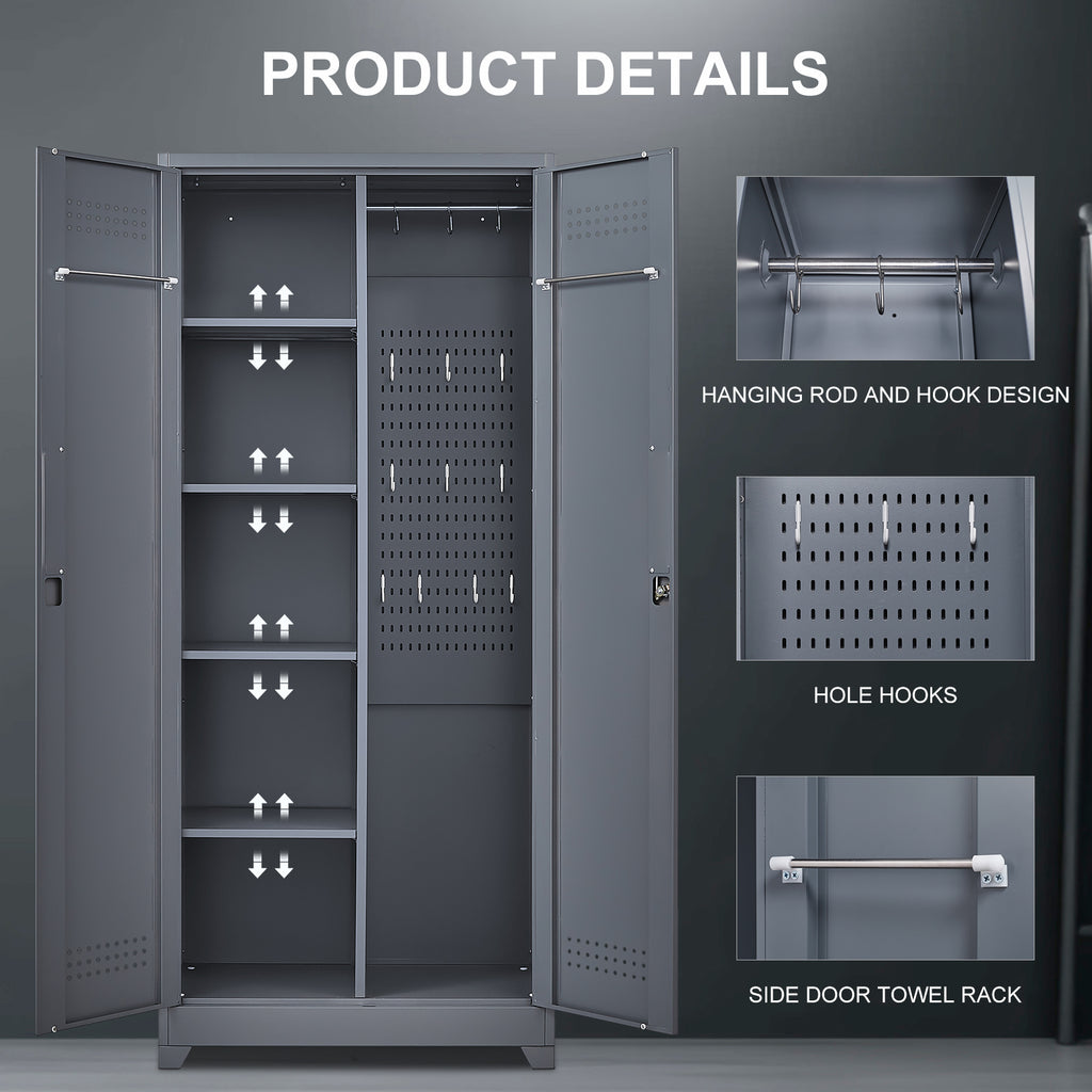 Gray And White Color Metal Lockers, Cleaning Tool Cabinets With Locking Doors, High Broom Tool Storage Cabinets, Adjustable S
