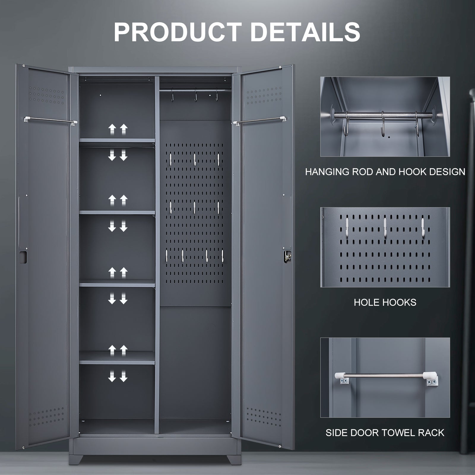Gray And White Color Metal Lockers, Cleaning Tool Cabinets With Locking Doors, High Broom Tool Storage Cabinets, Adjustable S