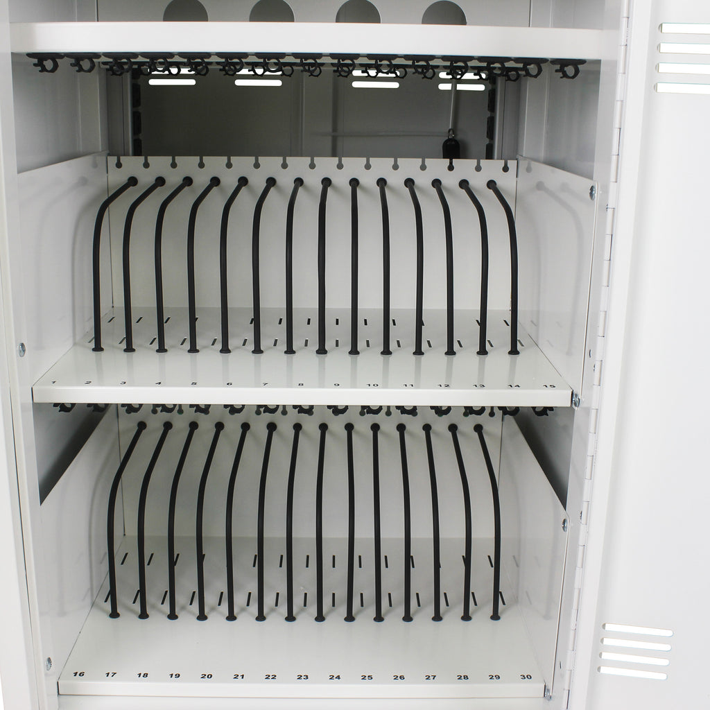 30+2 Bay Mobile School Charging Cart Station for Chromebook, Tablet and Laptop Computer with Power Strip Included - White | P