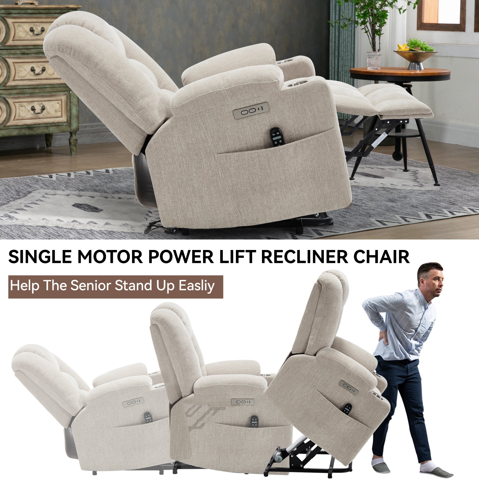 Power Lift Recliner Chair with Massage and Heat for Elderly, Overstuffed Wide Recliners, Heavy Duty Motion Mechanism with USB and Type C Ports, 2 Steel Cup Holders, Beige - Grand Goldman Shop