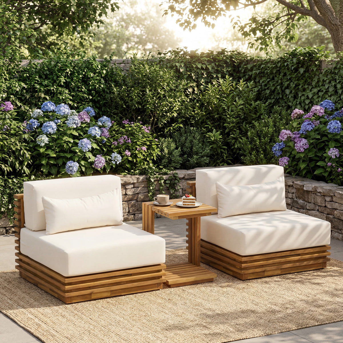 Oversized Outdoor 3-Piece Chat Set with Two Club Chairs and Side Table, Acacia Wood Frame, Natural Finish with Beige Cushions
