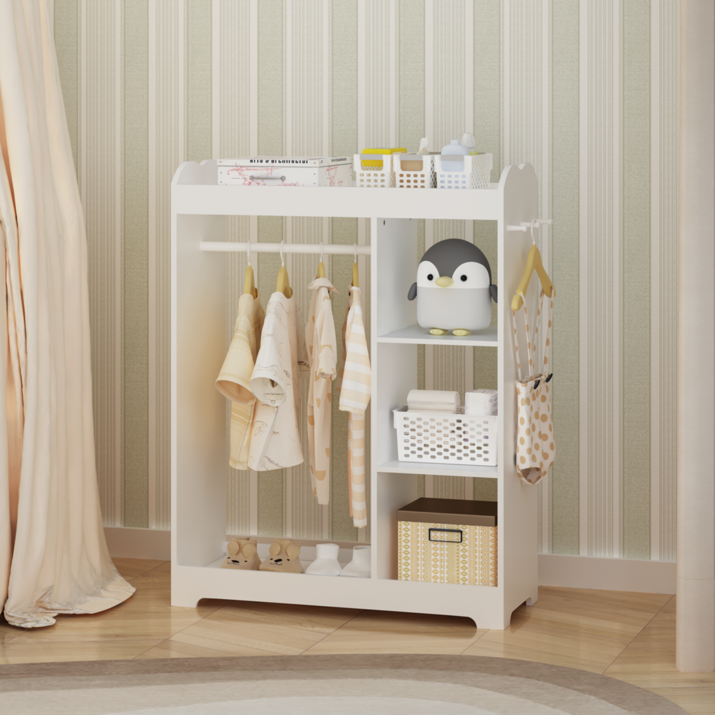 Kids Dress Up Storage with Mirror and Hooks, Wooden Dress Up Clothes Rack with Hanging Rod, 3 Side Hooks, Storage Shelves and
