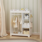 Kids Dress Up Storage with Mirror and Hooks, Wooden Dress Up Clothes Rack with Hanging Rod, 3 Side Hooks, Storage Shelves and