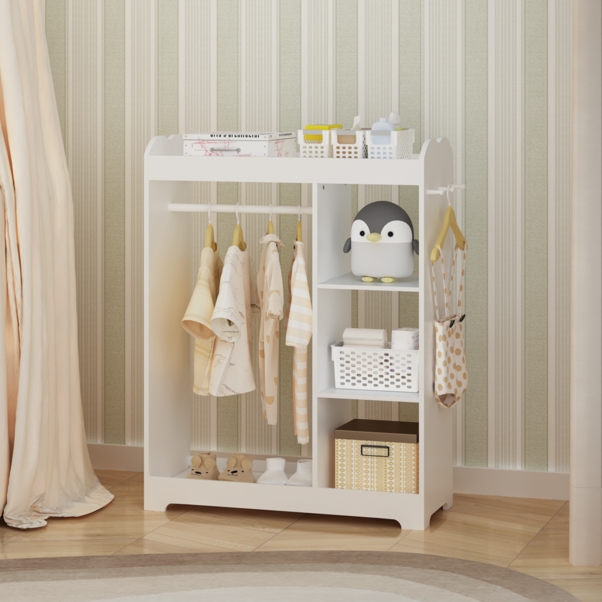 Kids Dress Up Storage with Mirror and Hooks, Wooden Dress Up Clothes Rack with Hanging Rod, 3 Side Hooks, Storage Shelves and