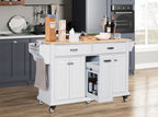 Kitchen Island with Rubber wood Countertop, Kitchen Cart on 5 Wheels with Storage Cabinet and 2 Top Drawers and A center double layered storage drawer for Dinning Room, White - Grand Goldman Shop