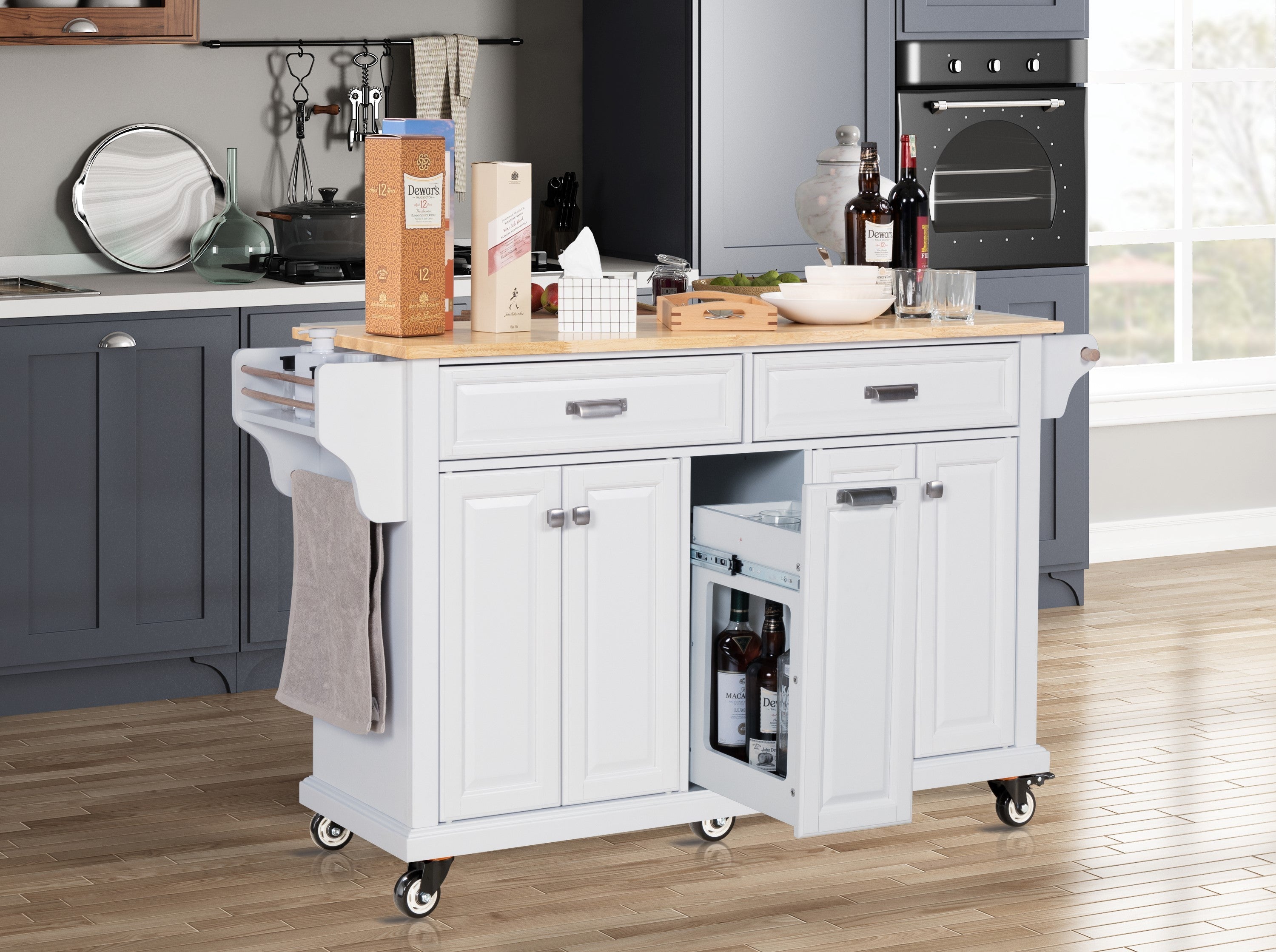 Kitchen Island with Rubber wood Countertop, Kitchen Cart on 5 Wheels with Storage Cabinet and 2 Top Drawers and A center double layered storage drawer for Dinning Room, White - Grand Goldman Shop