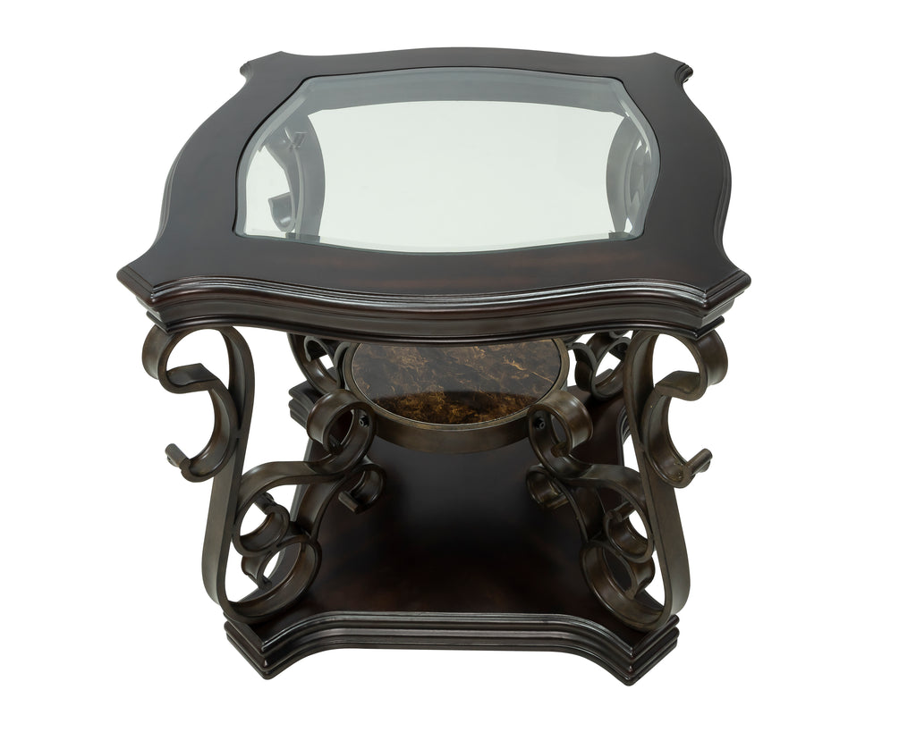 End table,  Glass table top, MDF W/marble paper middle shelf, powder coat finish metal legs. (26.3'Lx26.3'Wx24'H) - Grand Goldman Shop