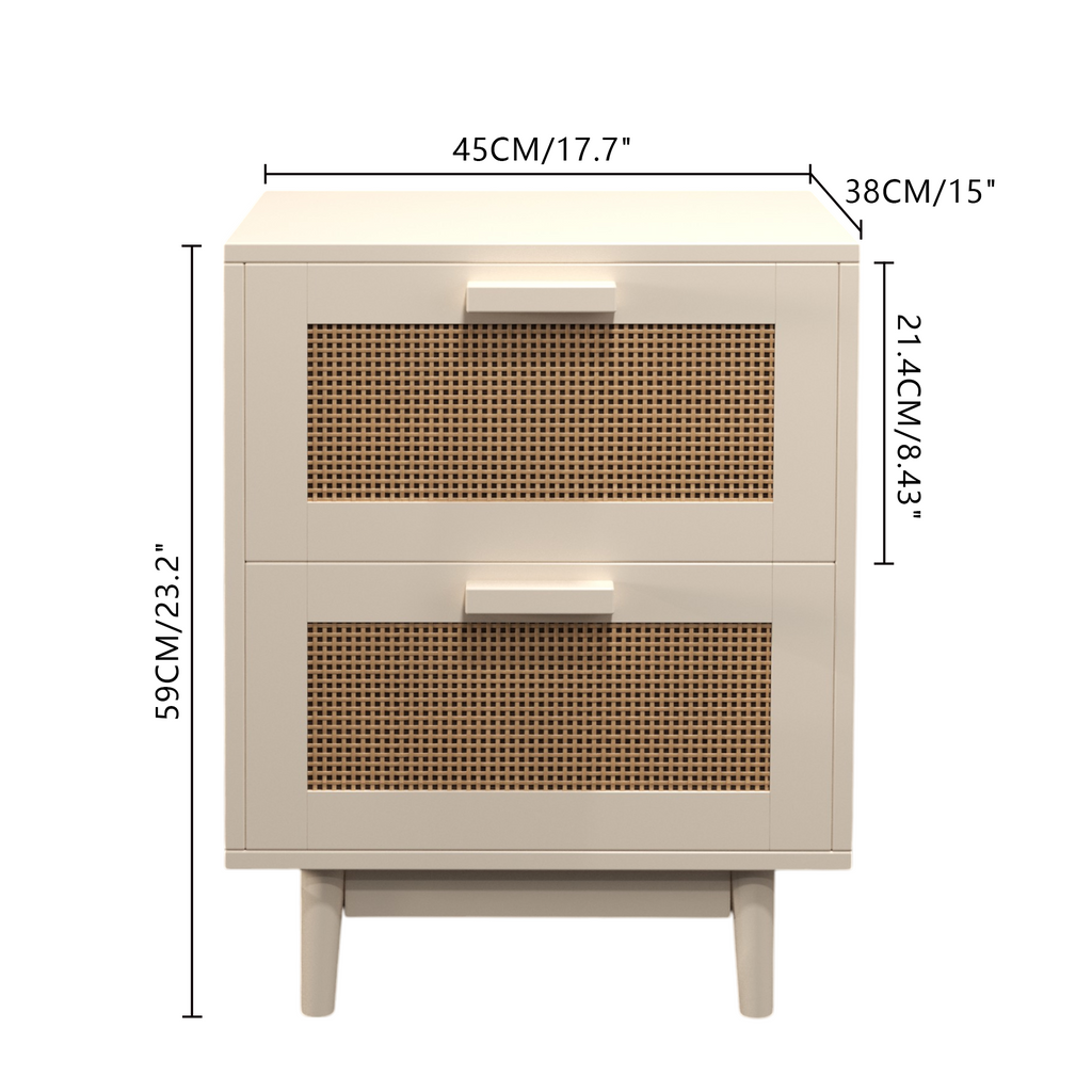 Rattan Nightstand with Wood Finish and 2 Faux Rattan Drawers, Antique Natural Color, Storage Side Table for Bedroom or Living Room - Grand Goldman Shop