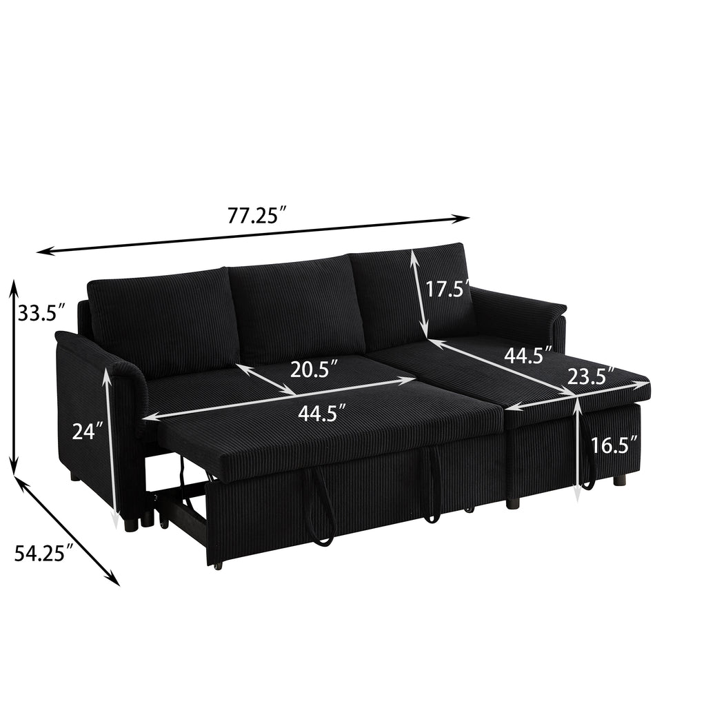 Loveseat Sofa with Chaise Lounge L-Shaped Modular Convertible Sofa with Storage Chaise, Corduroy Tufted Upholstered Sleeper Sectional Sofa,Pull Out Sleep Couch Bed and Reclining Backrest-Black - Grand Goldman Shop