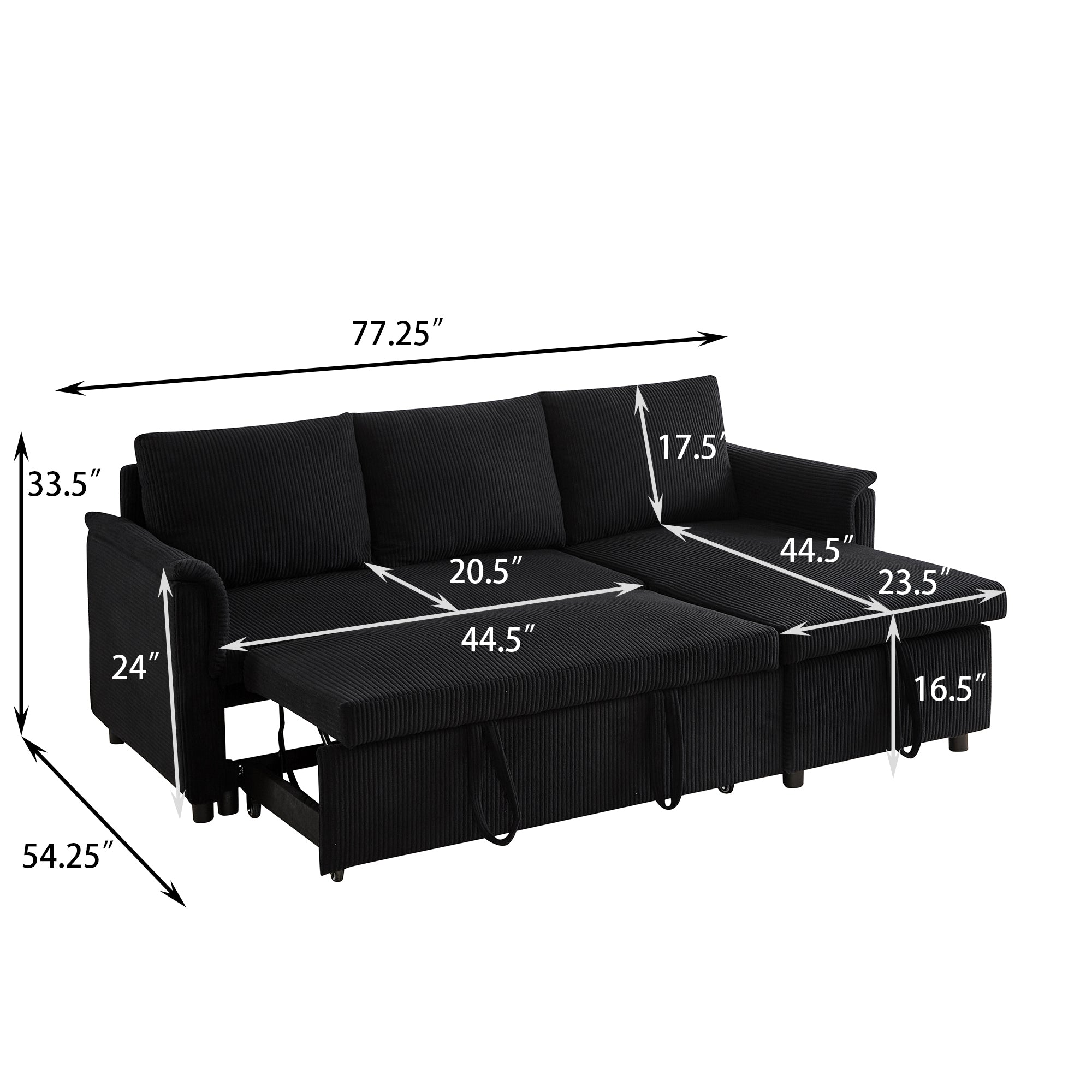 Loveseat Sofa with Chaise Lounge L-Shaped Modular Convertible Sofa with Storage Chaise, Corduroy Tufted Upholstered Sleeper Sectional Sofa,Pull Out Sleep Couch Bed and Reclining Backrest-Black - Grand Goldman Shop