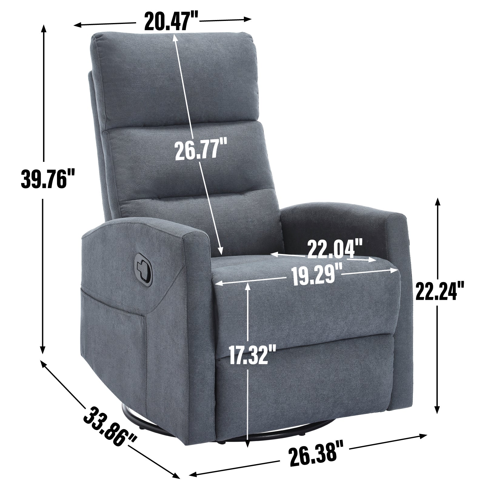 Manual Recliner Chair with Rocker and Swivel in Fabric for Living Room, Grey - Grand Goldman Shop
