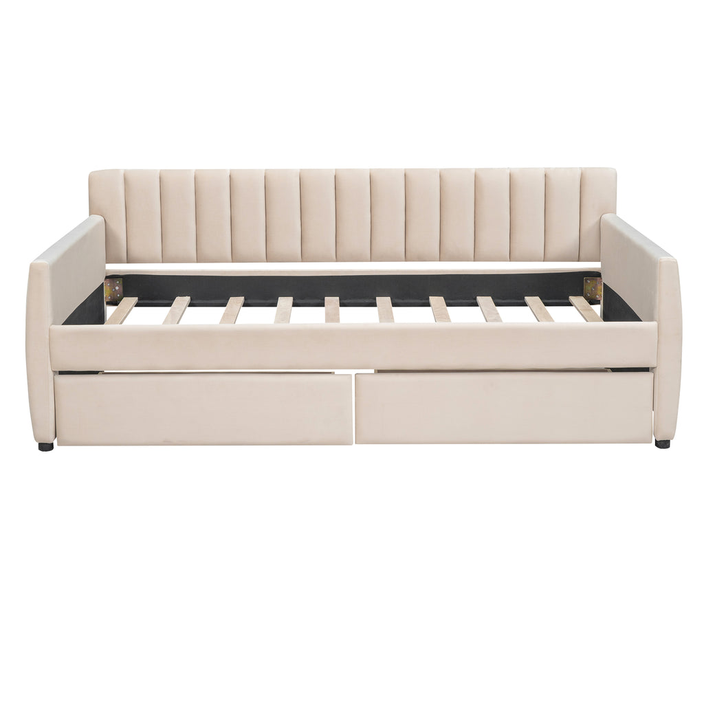 Twin Size Upholstered daybed with Drawers, Wood Slat Support, Beige - Grand Goldman Shop