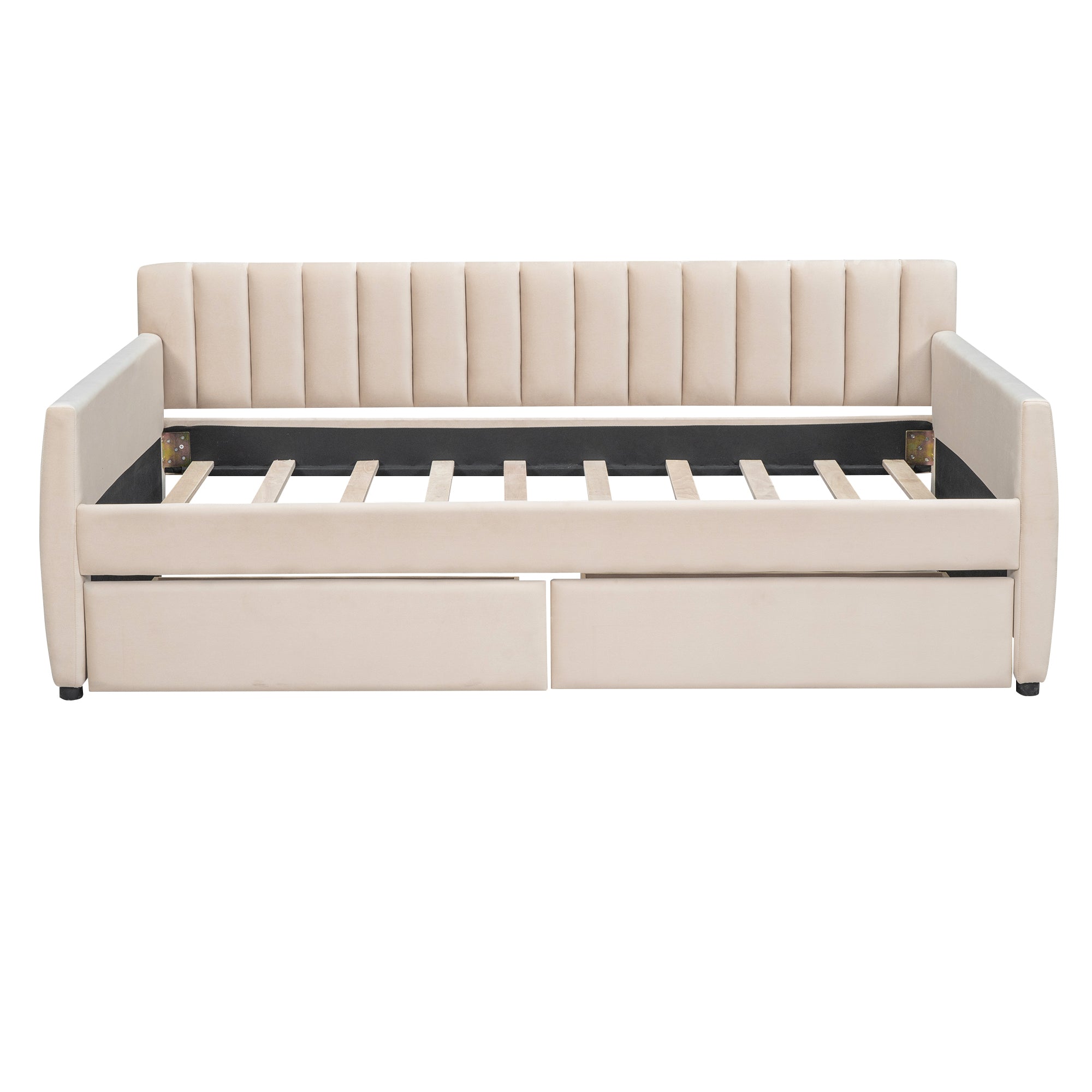 Twin Size Upholstered daybed with Drawers, Wood Slat Support, Beige - Grand Goldman Shop