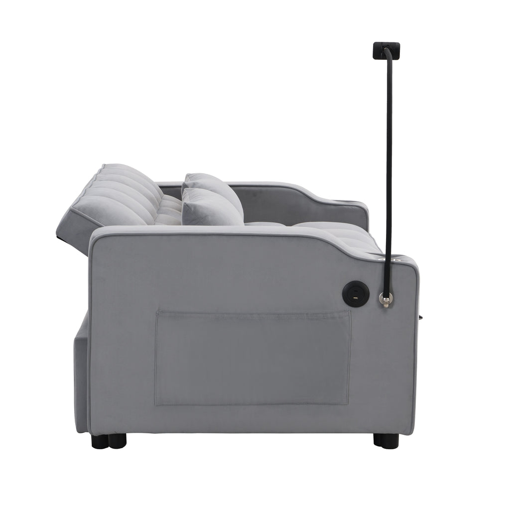Modern Velvet Loveseat Futon Sofa Couch with Pullout Bed, Adjustable Backrest, Toss Pillows, Light Gray - Grand Goldman Shop