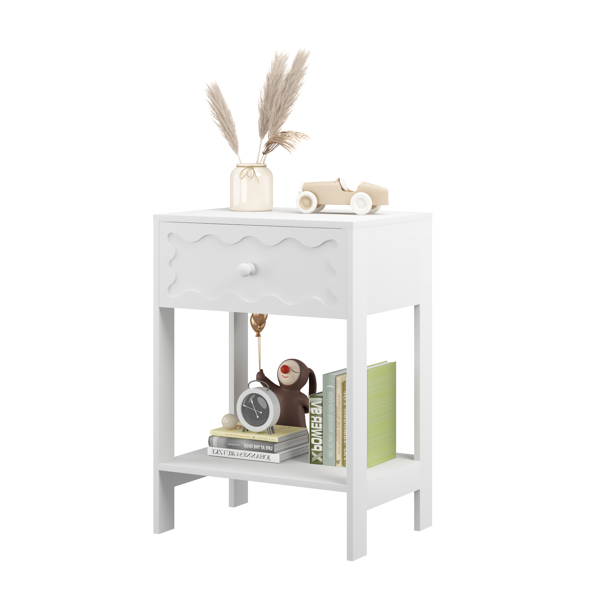 White Nightstand with Drawer and Open Shelf, Modern Wave Pattern Bedside Table, Solid Wood Frame End Table for Bedroom, Living Room, Small Spaces - Grand Goldman Shop