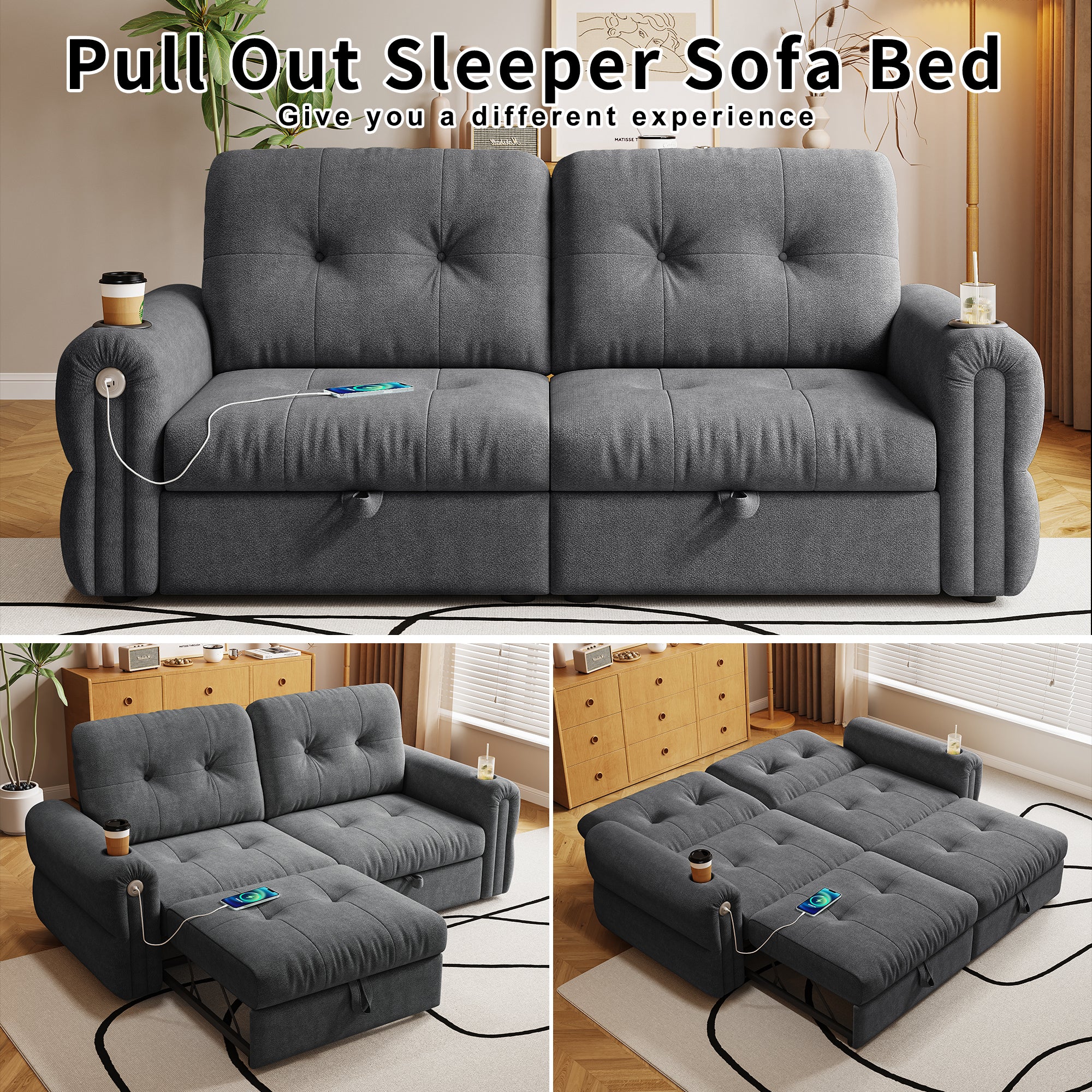 It is a multi-functional sofa, a 77-inch convertible sofa bed, and a 2-in-1 piece suitable for both sitting and lying down. Made of  Chenille fabric, it is suitable for living rooms, bedrooms - Grand Goldman Shop