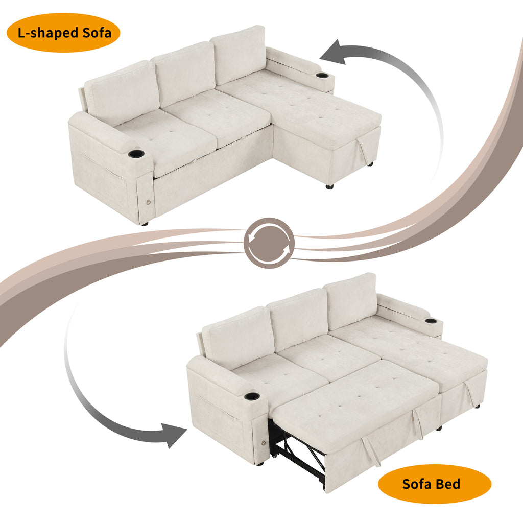 Convertible L-shaped Beige Sofa Couch with Storage, Cup Holders, USB Ports, Chenille Fabric - Grand Goldman Shop
