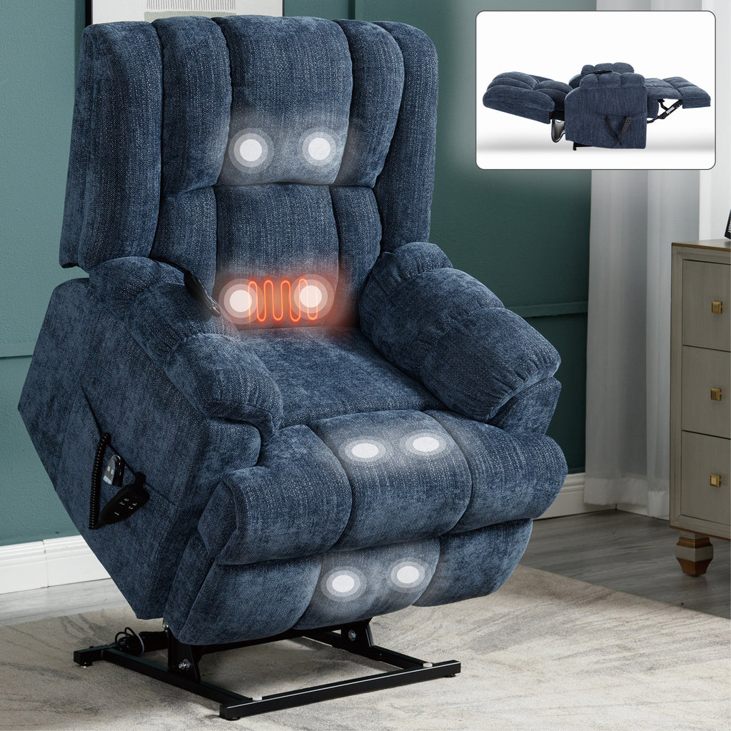 Dual Motor Heat Massage Infinite Position Up to 350 LBS Electric Power Lift Recliners with Power-Remote, Medium-firm and Heavy Duty, Blue - Grand Goldman Shop