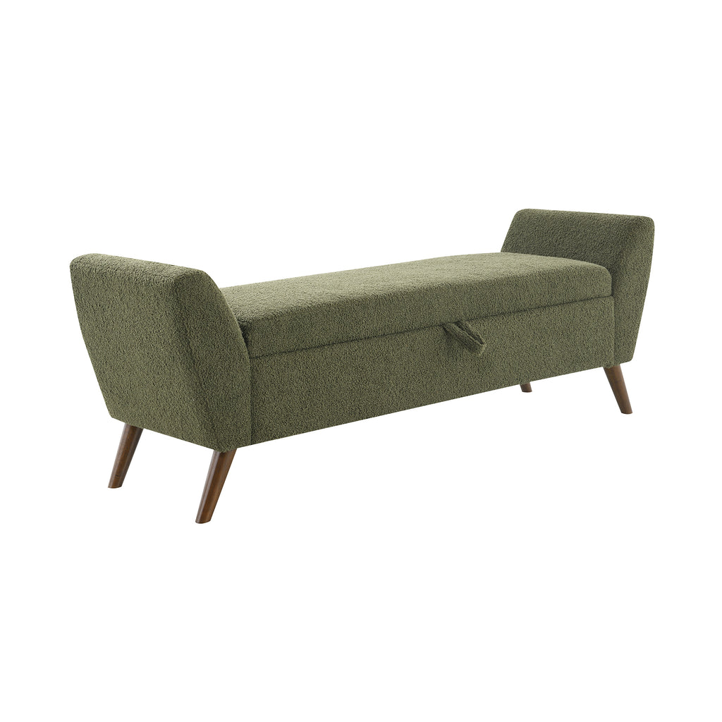 Modern Storage Bench with Mid-Century Wood Legs, 60'' Olive Green Teddy Fabric Upholstered Bench with Storage for Living Room & Bedroom - Grand Goldman Shop